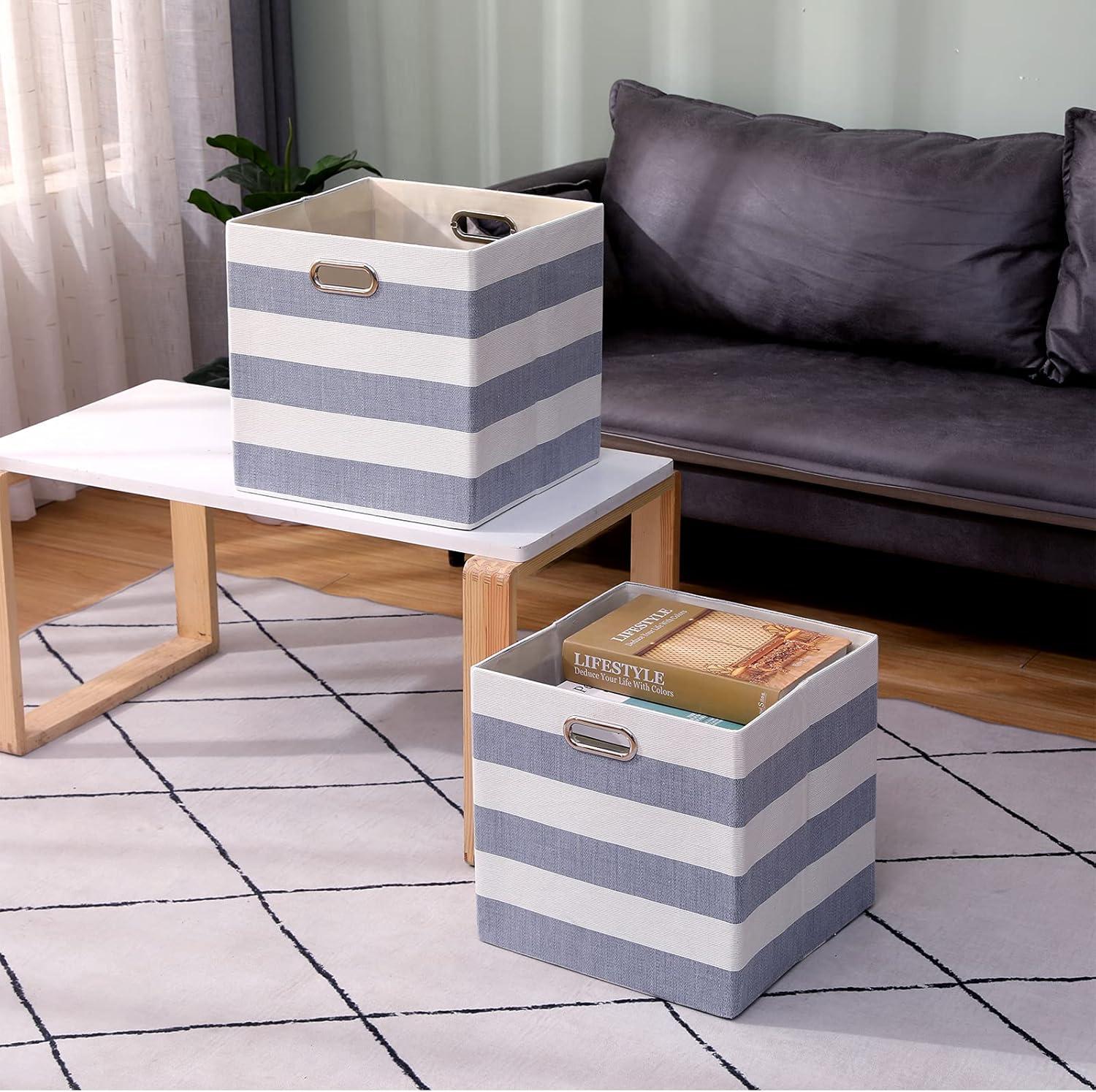 Cube Storage Bins 13×13 Fabric Foldable Box with Handles, Collapsible Organization Basket Set of 4 Large Capacity Drawer for Closet Shelf Cabinet Bookcase Bedroom, Grey-white Stripes