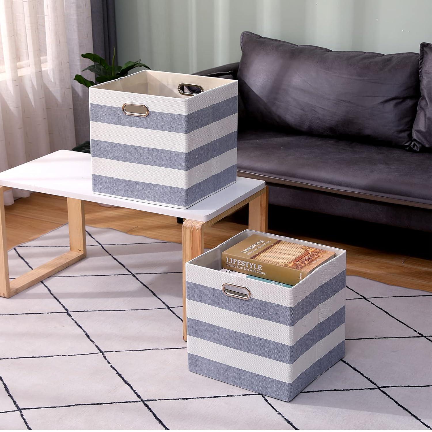 Cube Storage Bins 13×13 Fabric Foldable Box with Handles, Collapsible Organization Basket Set of 4 Large Capacity Drawer for Closet Shelf Cabinet Bookcase Bedroom, Grey-white Stripes