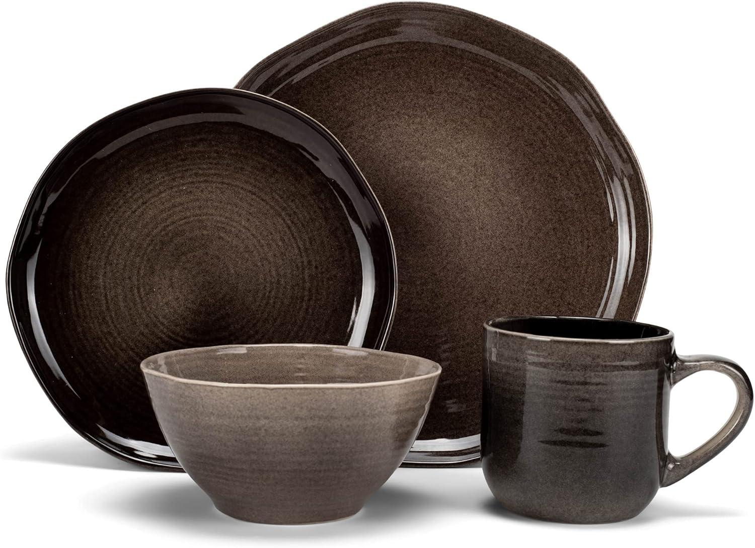 Elanze Designs 16-Piece Reactive Glaze Ceramic Stoneware Dinnerware - Service for 4, Mocha Grey Ombre