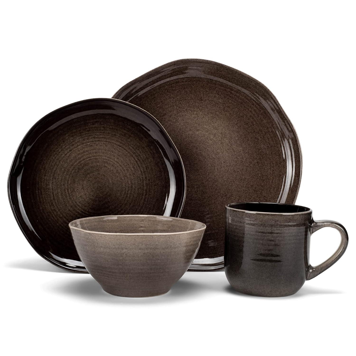 Elanze Designs 16-Piece Reactive Glaze Ceramic Stoneware Dinnerware - Service for 4, Mocha Grey Ombre