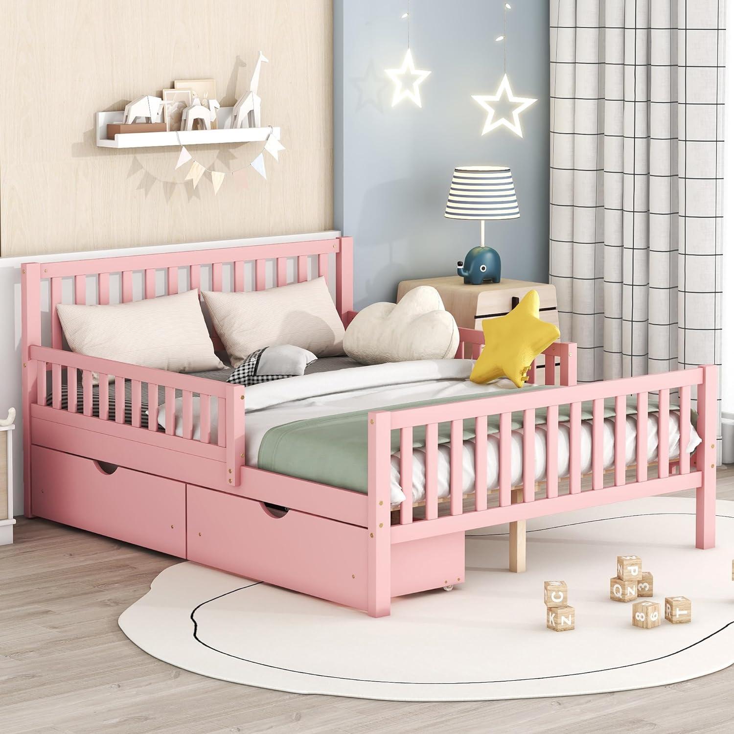 Harper & Bright Designs Full Storage Bed Frame for Kids, Wood Full Size Bed with 2 Drawers, Full Platform Bed with Guardrails on Both Sides for Kids, Girls, Boys, Pink