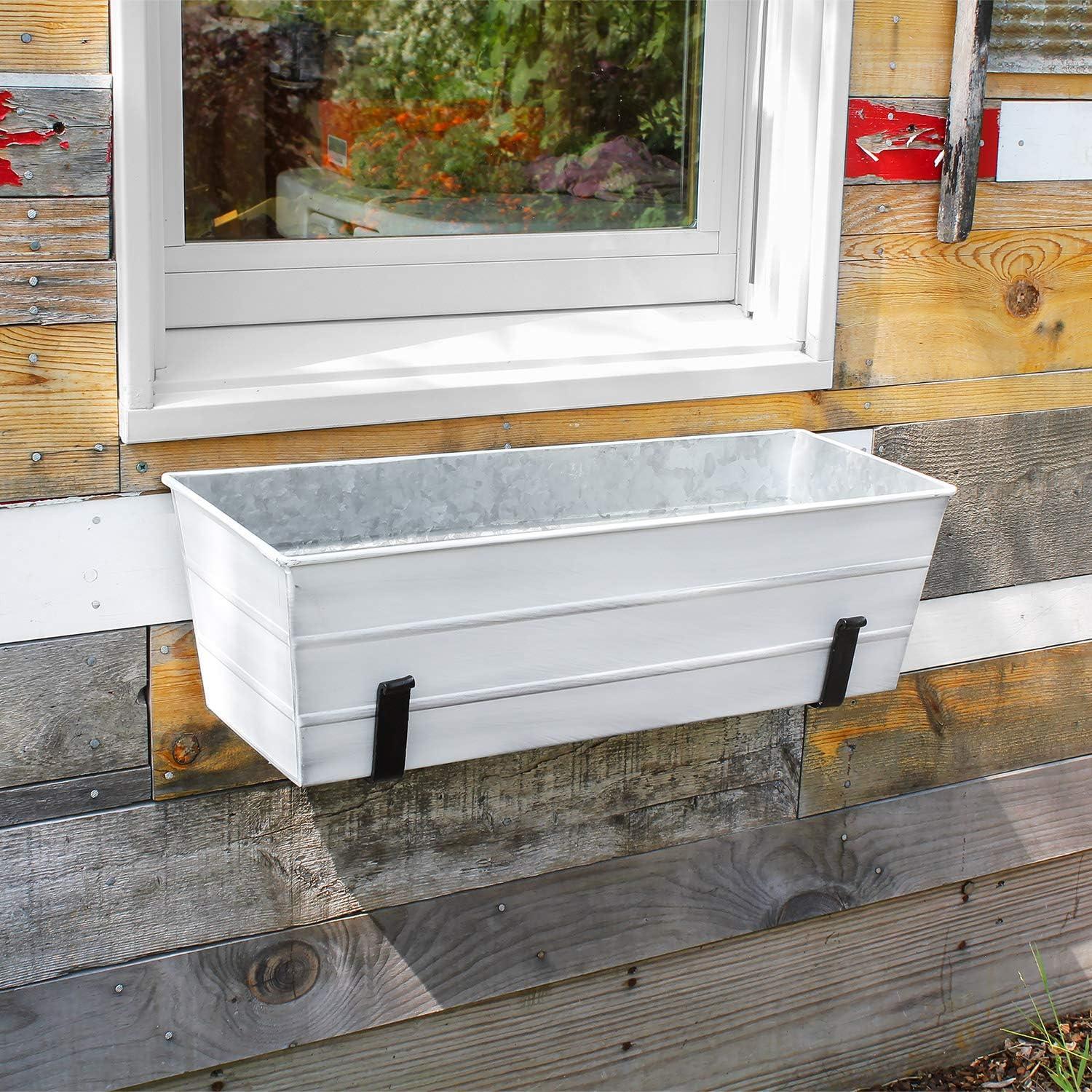 ACHLA Designs 24" Wide Galvanized With Wall Brackets Rectangular Steel Planter Boxes White: Durable Outdoor Mount, Easy Install