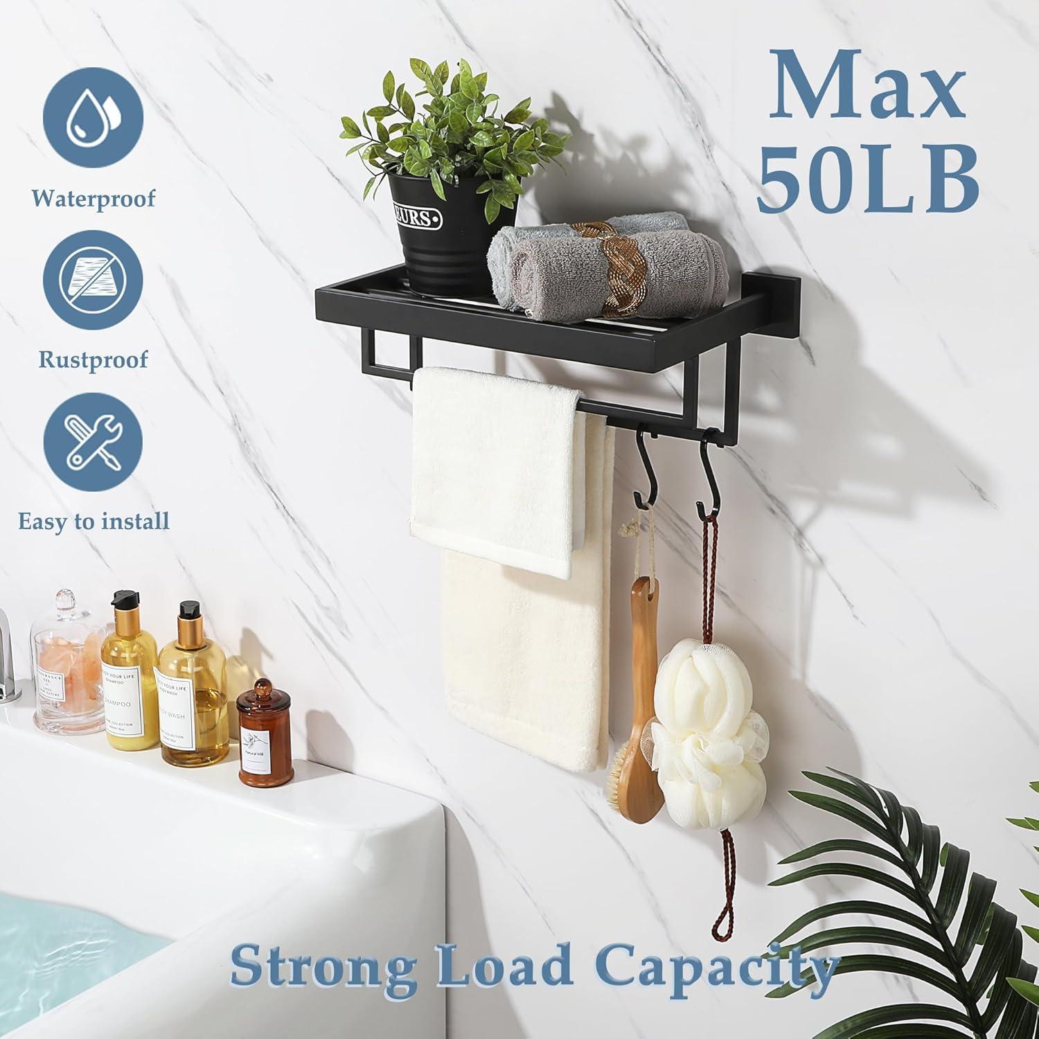 Matte Black Stainless Steel Towel Rack, 16 Inch Wall-Mounted, Extra Large Storage, Modern Design, Easy Installation