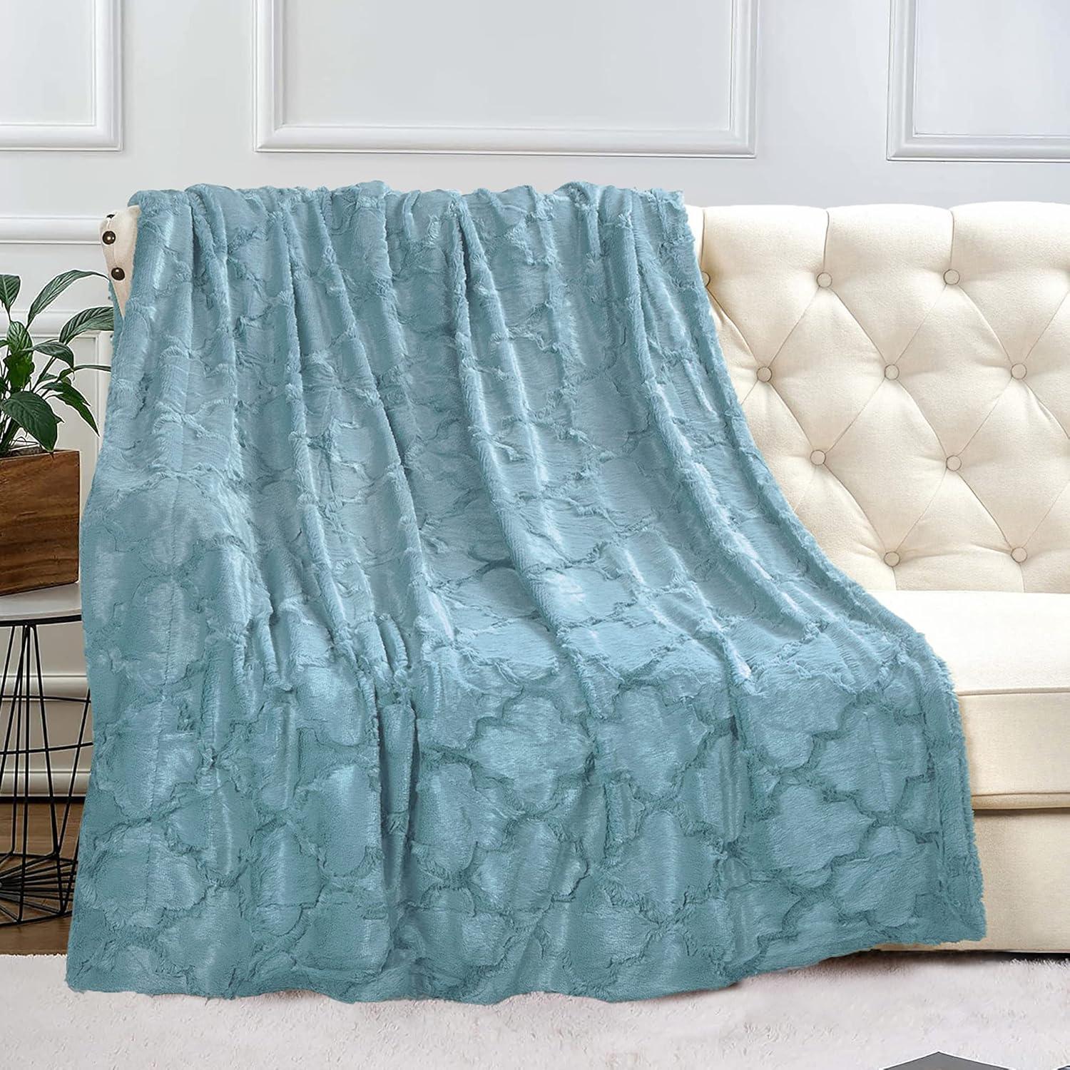 Home Soft Things Ashley Brushed Faux Fur Throw Blanket with Sherpa Back Soft Cozy Fluffy Fluzzy Lightweight Throw - Silver Blue - 60" x 80" Jumbo