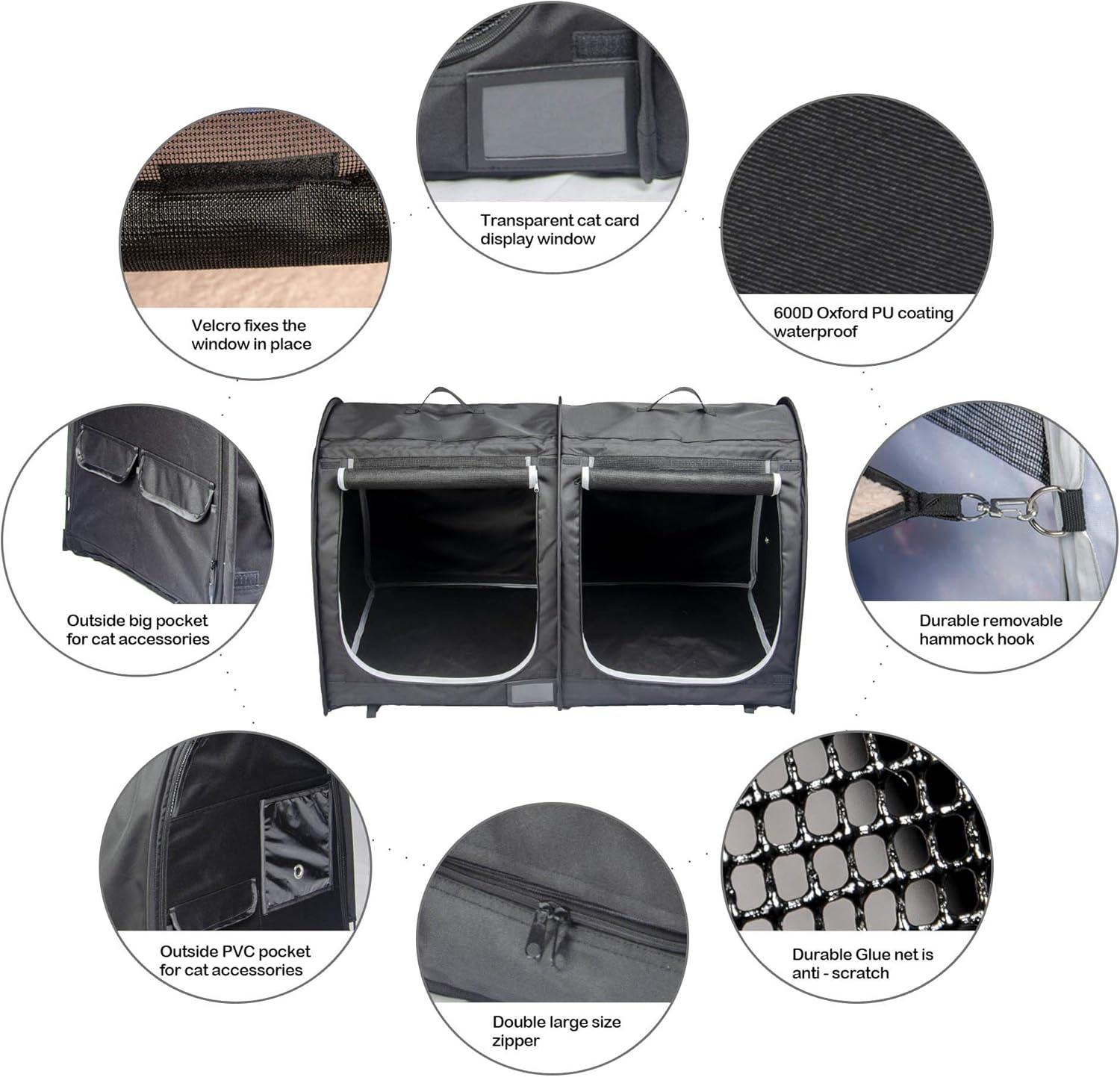 Mispace Portable Twin Compartment Show House Cat Cage Condo,Comfy Puppy Home Dog Travel Crate with Carry Bag/2 Hammocks/Mats & Collapsible Litter Box