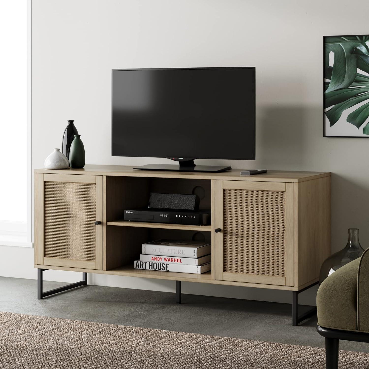 Nathan James 47" Mina Rattan and Wood 2 Door TV Cabinet for TVs up to 59" Light Oak/Matte Black: Media Console with Storage