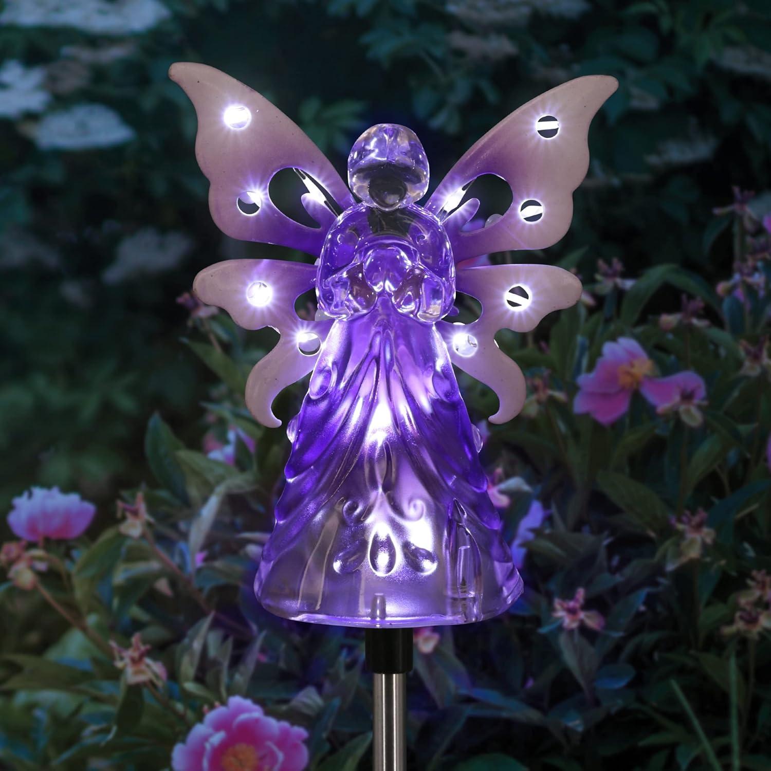 Exhart Solar Acrylic Angel with Wings and LED Lights Metal Garden Stake