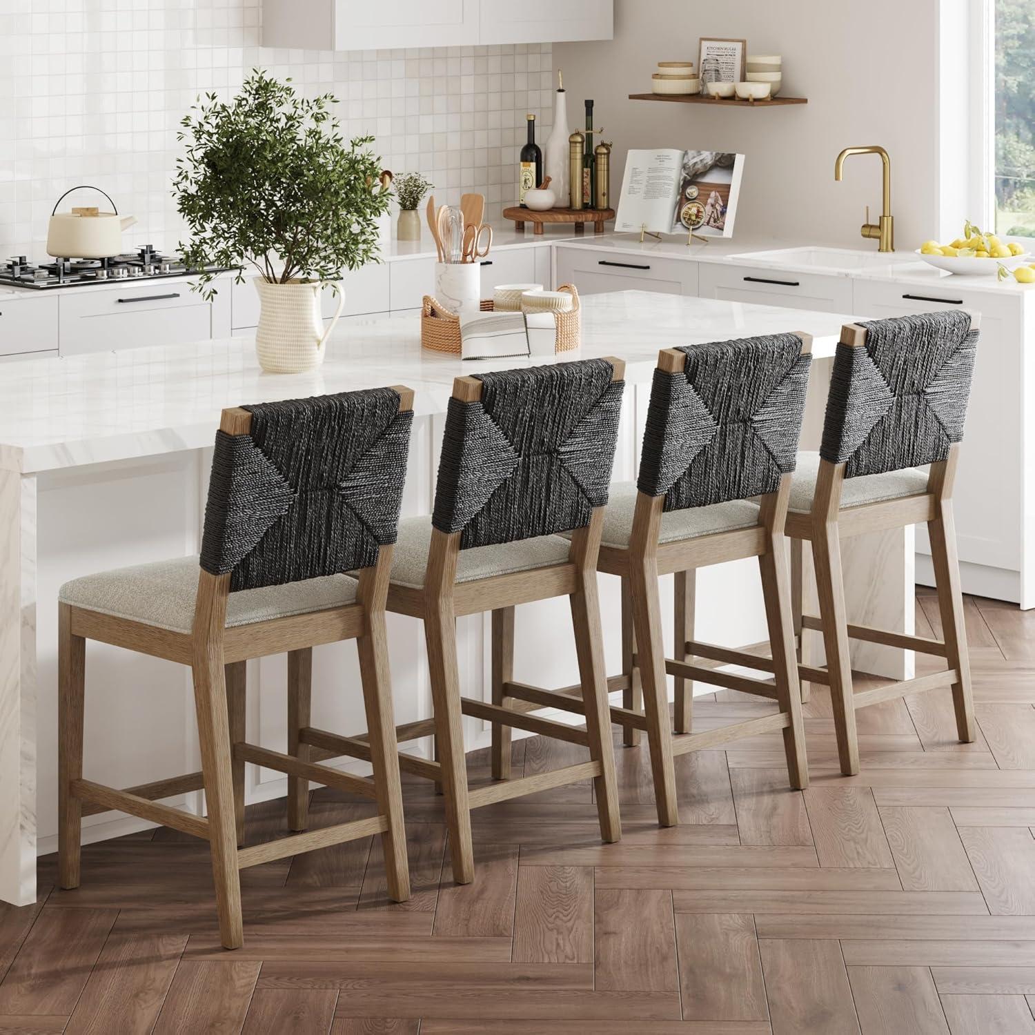 Beacon Black Seagrass and Wood Bohemian Bar Stool Set