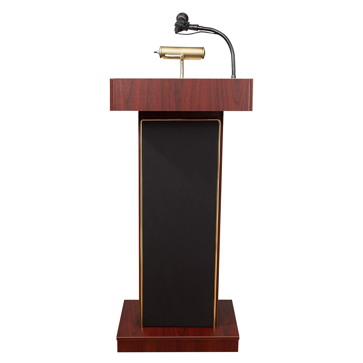 Mahogany and Black Multimedia Workstation Lectern with Brass Lamp