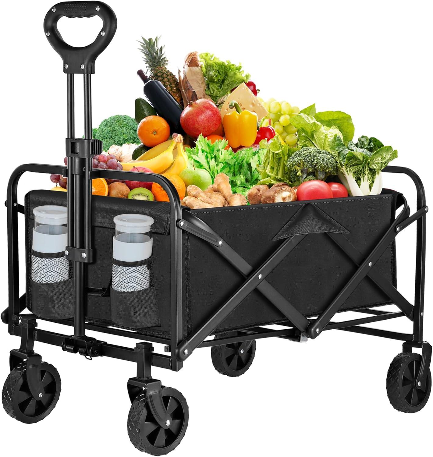 Clearance! Outdoor Utility Wagon Cart with Cup Holdler, Large Capacity Folding Wagon Garden Shopping Beach Cart,Heavy Duty Foldable Cart, for Outdoor Activities, Beaches, Parks, Camping (Blue)