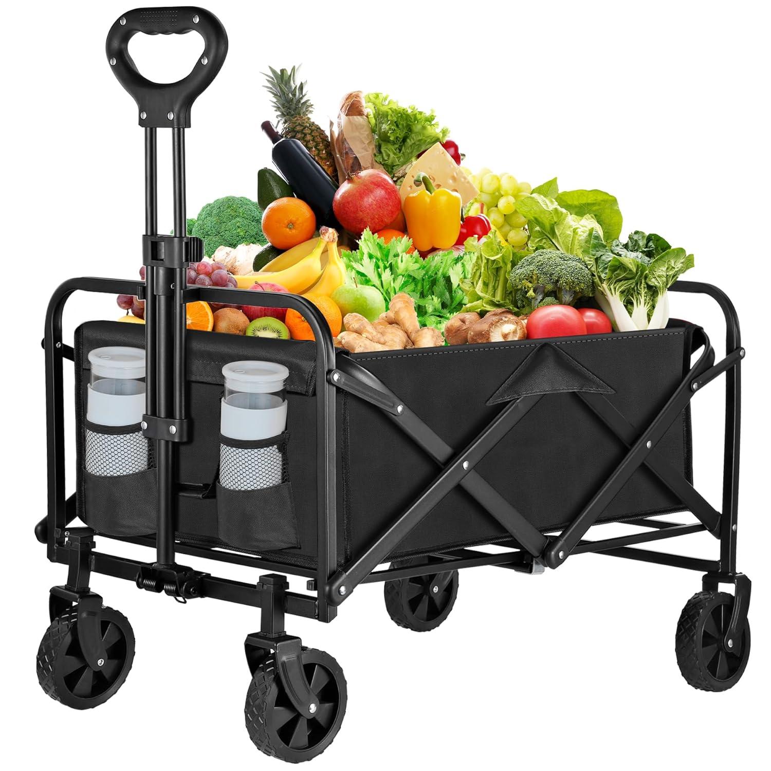 Clearance! Outdoor Utility Wagon Cart with Cup Holdler, Large Capacity Folding Wagon Garden Shopping Beach Cart,Heavy Duty Foldable Cart, for Outdoor Activities, Beaches, Parks, Camping (Blue)
