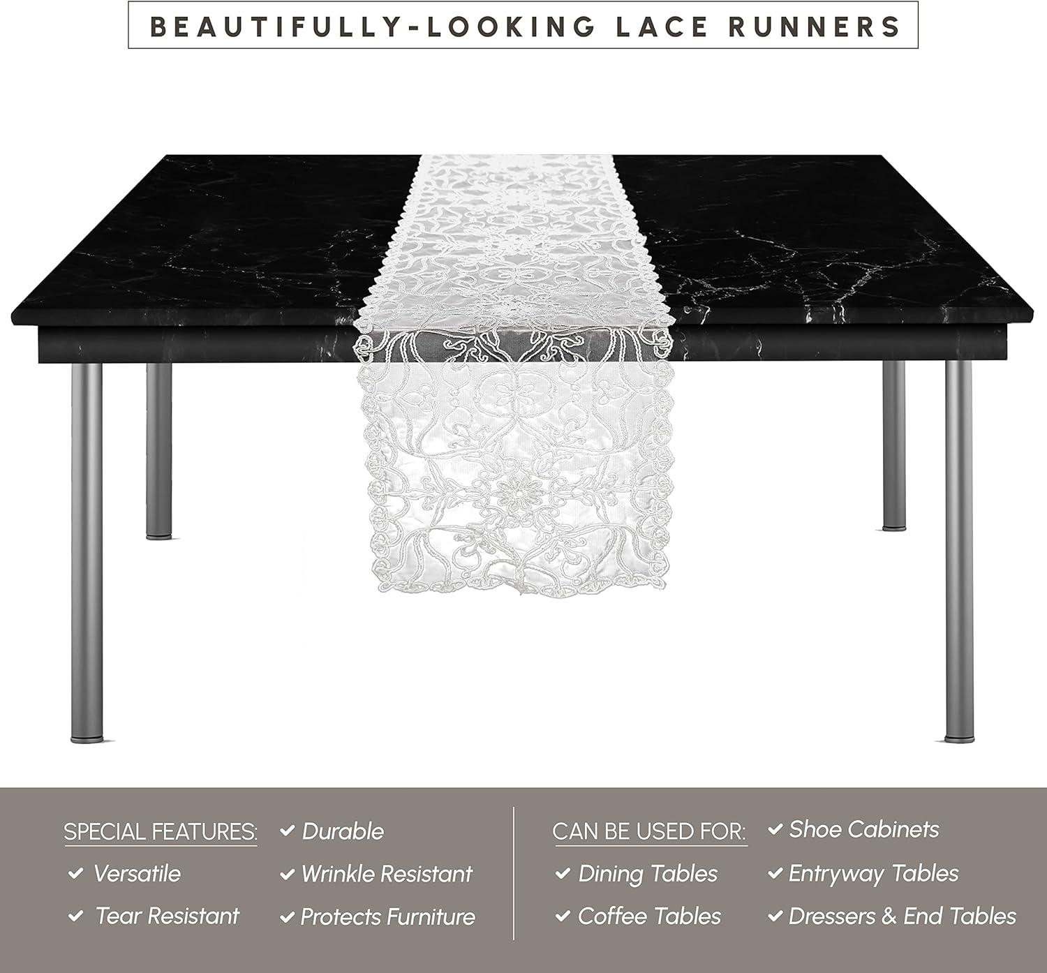 Elegant Comfort Embroidered Ingrid Table Runner, Lace-Style Dresser Scarf for Home and Dining Room, Decorative Tabletop Accent for Kitchen, Indoor, and Outdoor Use, 16 X 20 Inches, White