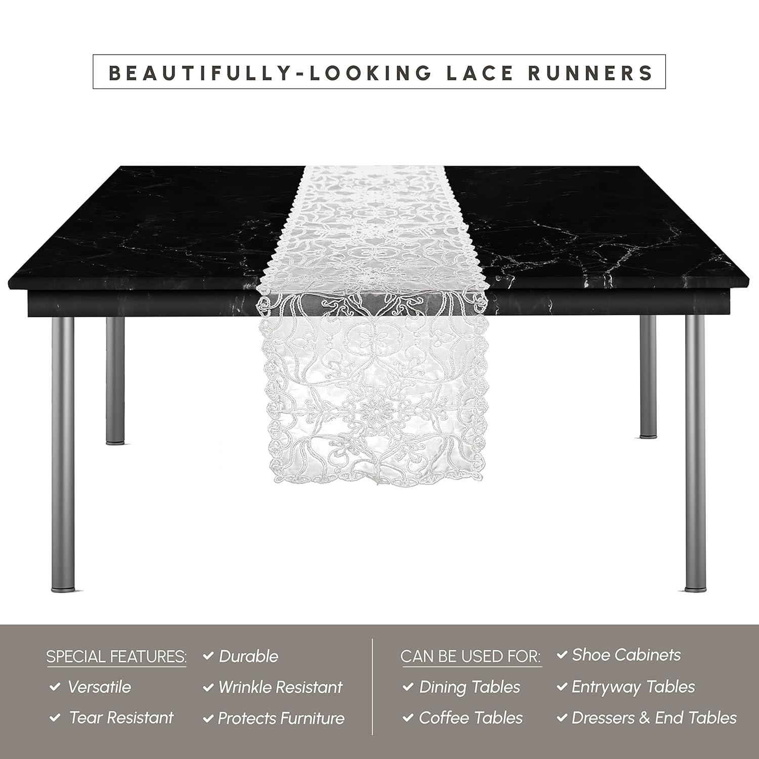 Elegant Comfort Embroidered Ingrid Table Runner, Lace-Style Dresser Scarf for Home and Dining Room, Decorative Tabletop Accent for Kitchen, Indoor, and Outdoor Use, 16 X 20 Inches, White