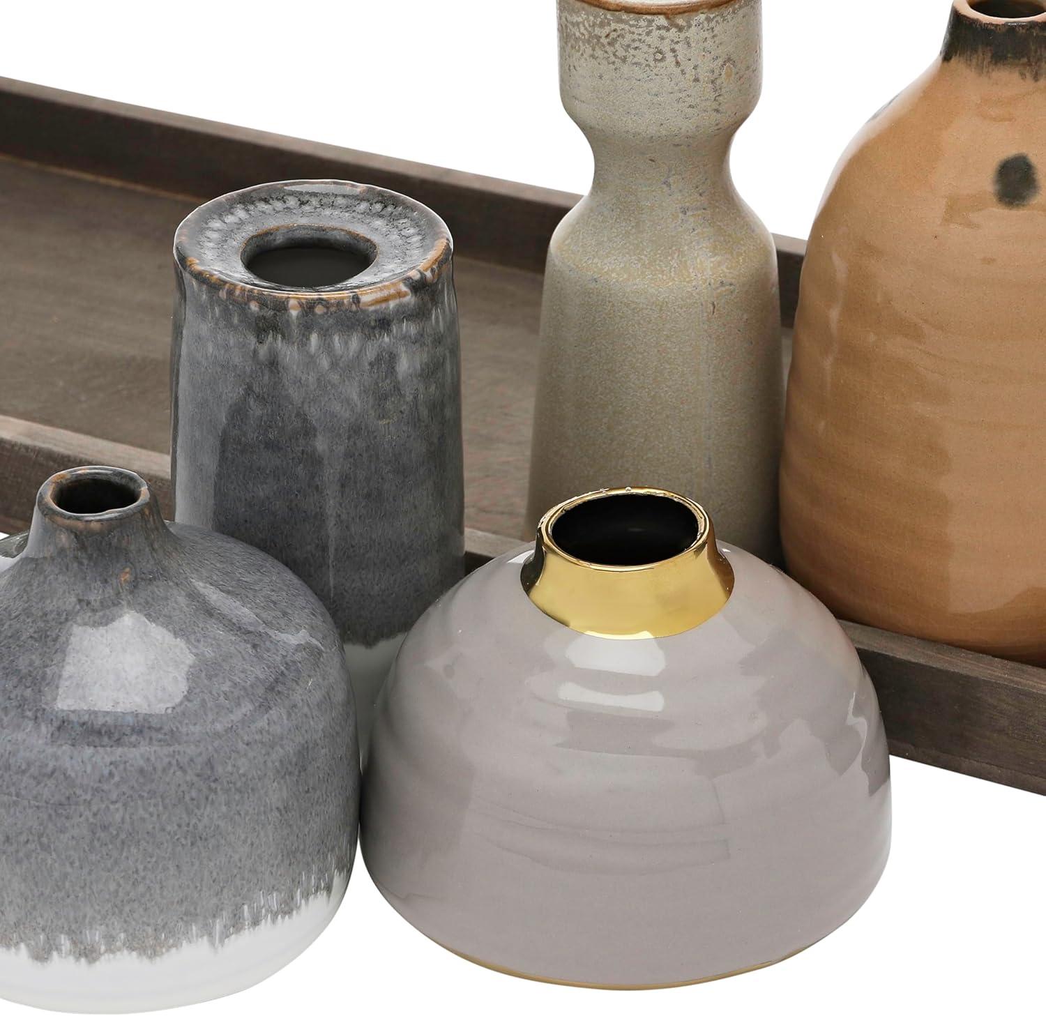 Creative Co-Op Stoneware Vase Ensemble on a Mango Wood Tray, Set of 5