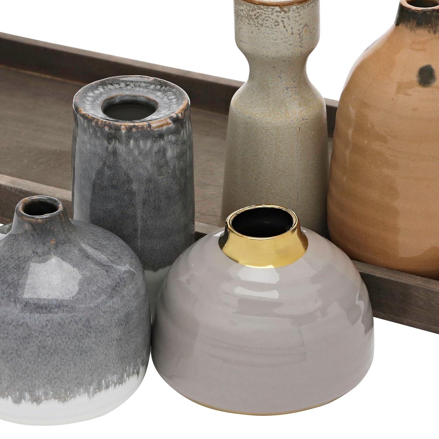 Creative Co-Op Stoneware Vase Ensemble on a Mango Wood Tray, Set of 5