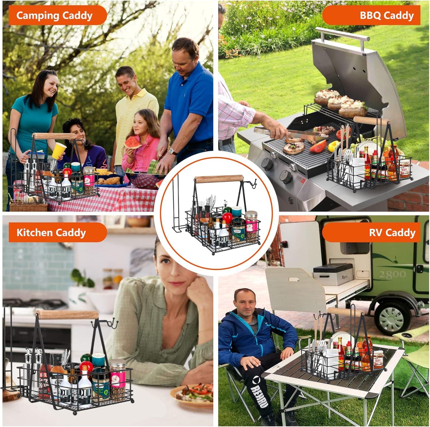 Stack man Grill Caddy, Picnic Utensil Caddy With Paper Towel Holder For Griddle Smoker Outdoor Grill Carry System Camp Kitchen Organizer BBQ Basket Camping Glamping Essentials RV Accessories