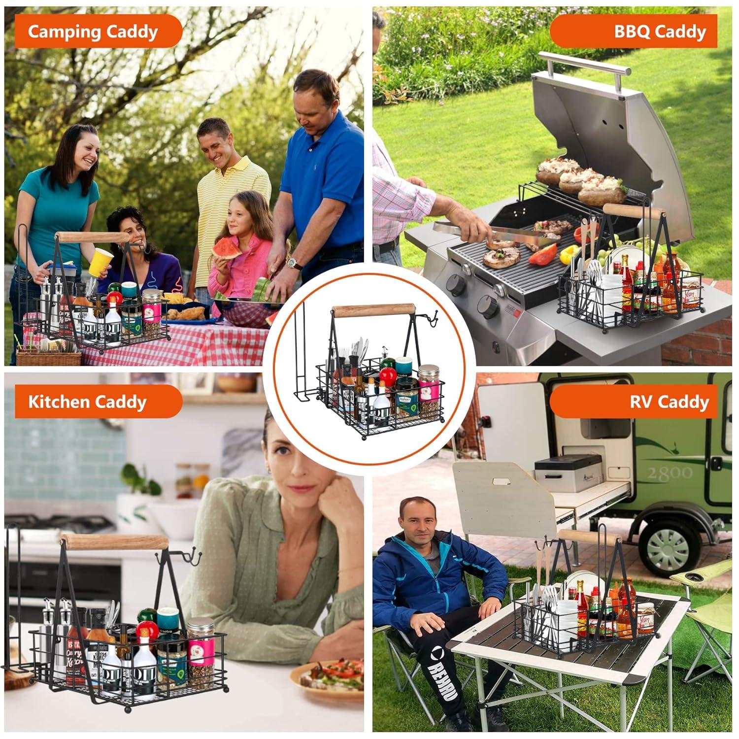 Stack man Grill Caddy, Picnic Utensil Caddy With Paper Towel Holder For Griddle Smoker Outdoor Grill Carry System Camp Kitchen Organizer BBQ Basket Camping Glamping Essentials RV Accessories