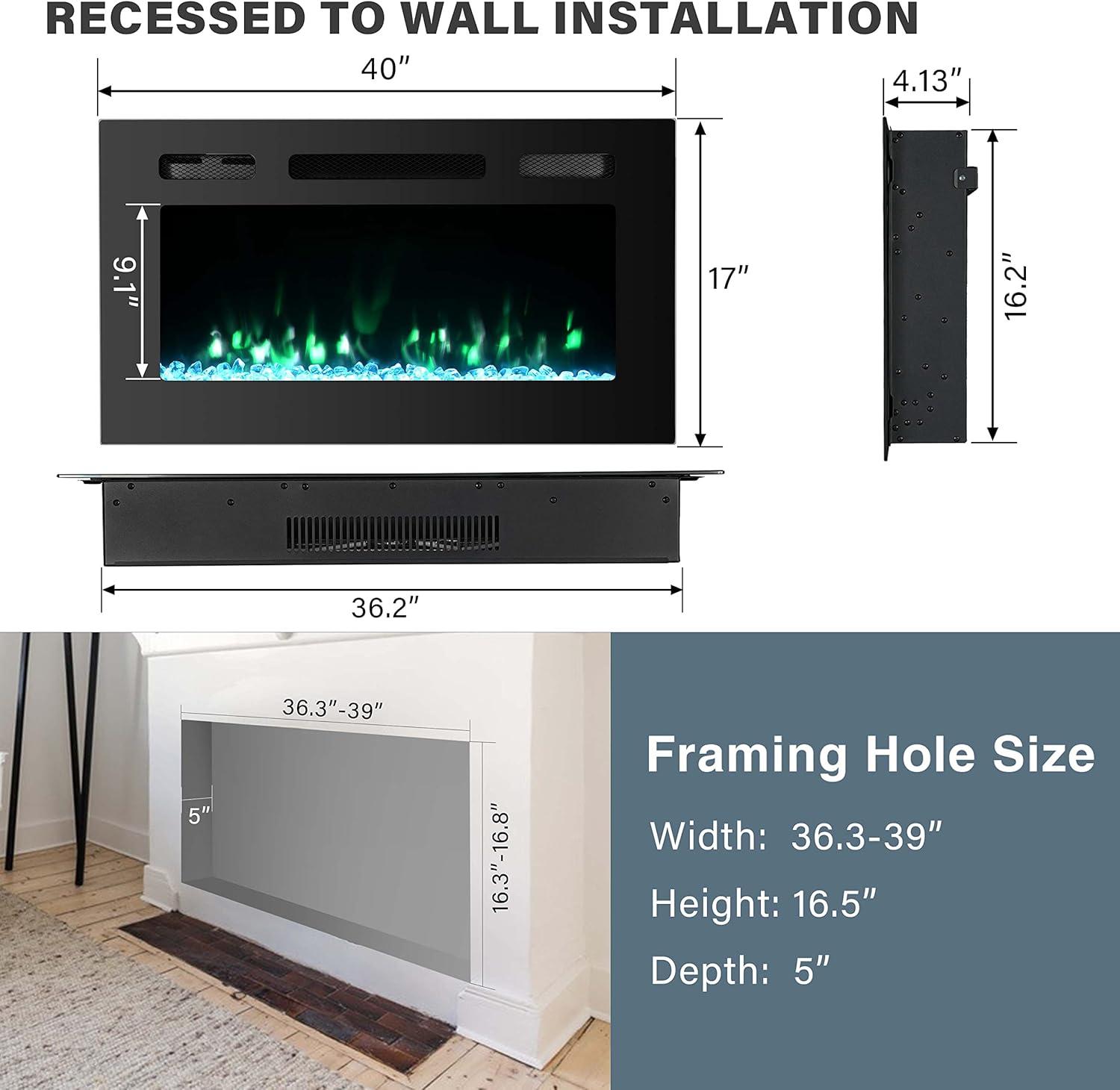 Tangkula 36"/40"/50" Recessed Electric Fireplace Wall Mounted Heater w/Remote Control 750W/1500W mode Adjustable Flame