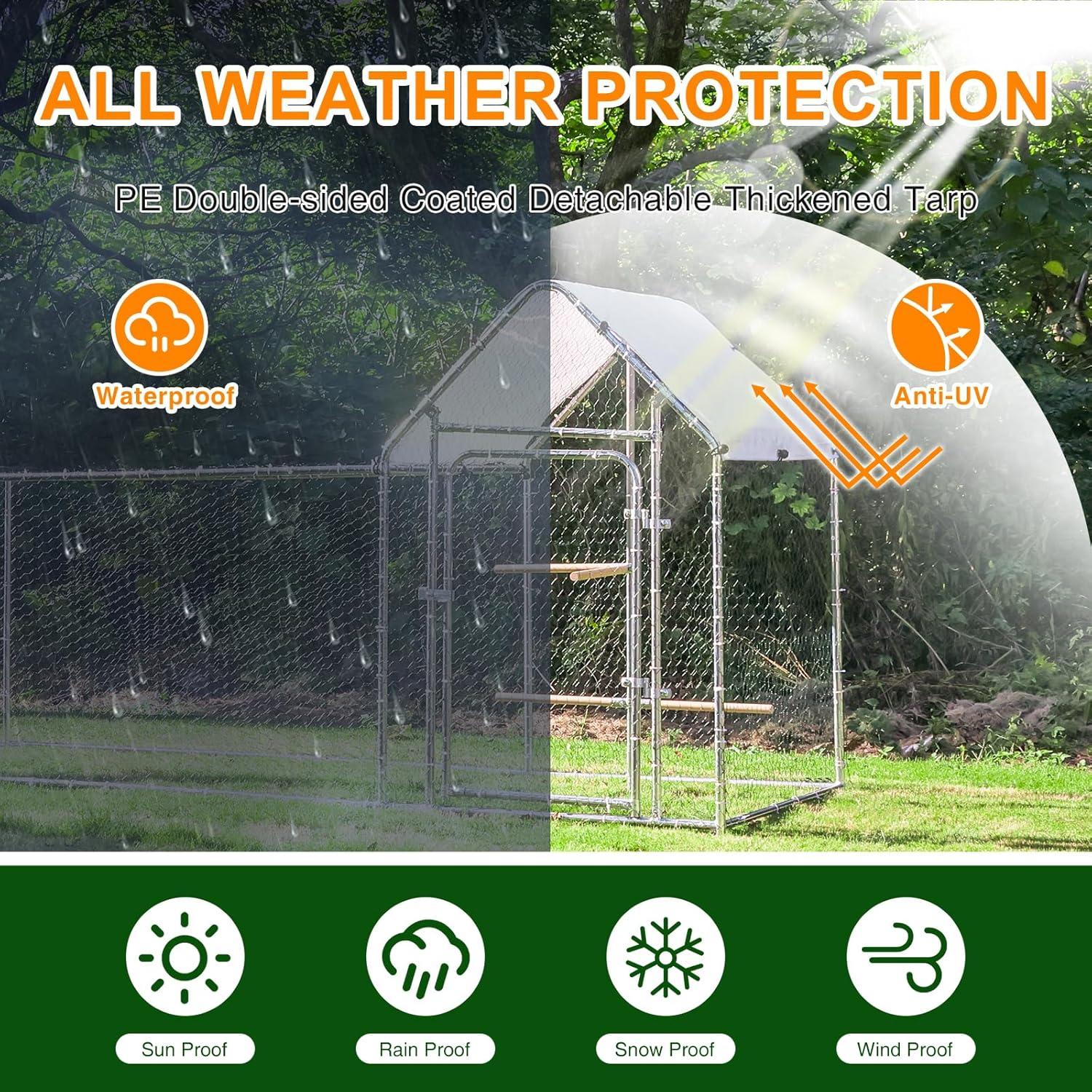 Large Metal Chicken Coop Run, Outdoor Walk-in Poultry Cage with Spire Roof, for Hen House, Duck Coop and Rabbit Run, Silver (9.8' L x 3.28' W x 4.92' H)