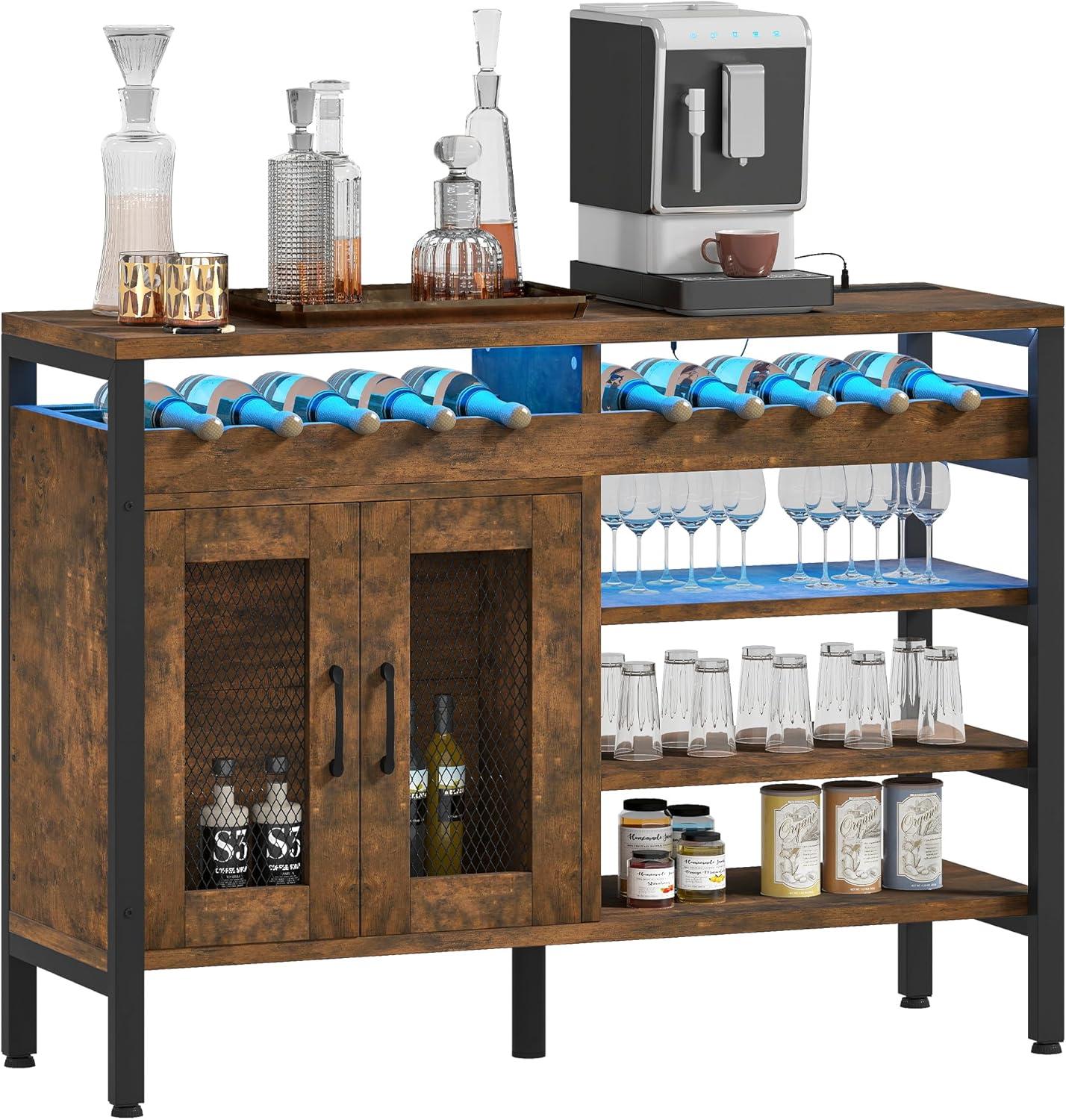 YITAHOME Wine Bar Cabinet with Power Outlets and LED Lights, Industrial Coffee Bar Cabinets for Liquor and Glasses Home Bar Kitchen Buffet Cabinet for Home Living Dining Room 47"