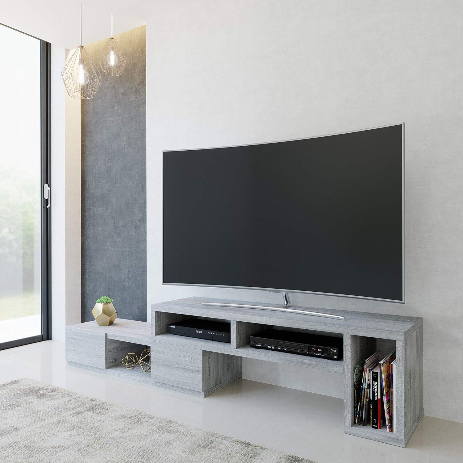 Adjustable TV Stand for TVs up to 65" Console Gray - Techni Mobili: Expandable, with Open Shelves & Metal Hardware