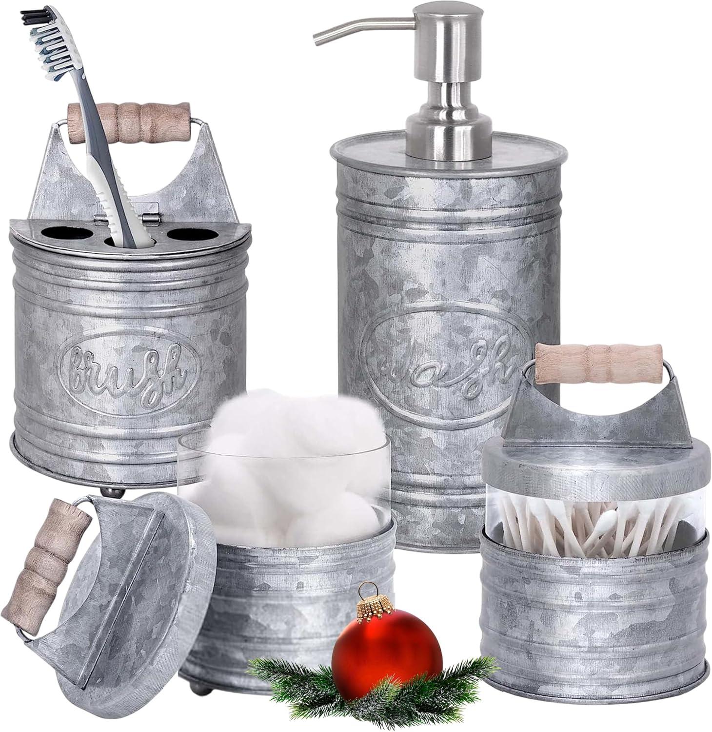 THE GLAMOUR BOUTIQUES Rustic Bathroom Accessories Set 4 - Galvanized Soap Dispenser, Rustic Toothbrush Holder, 2 Apothecary Jars Qtip Holder - Rustic Bathroom Decor – Farmhouse Bathroom Accessories