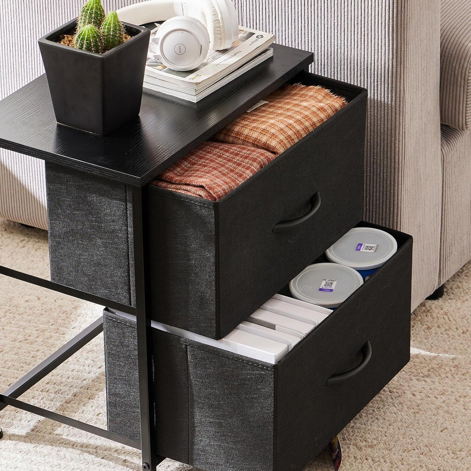 Black Fabric and Wood 2-Drawer Nightstand Set