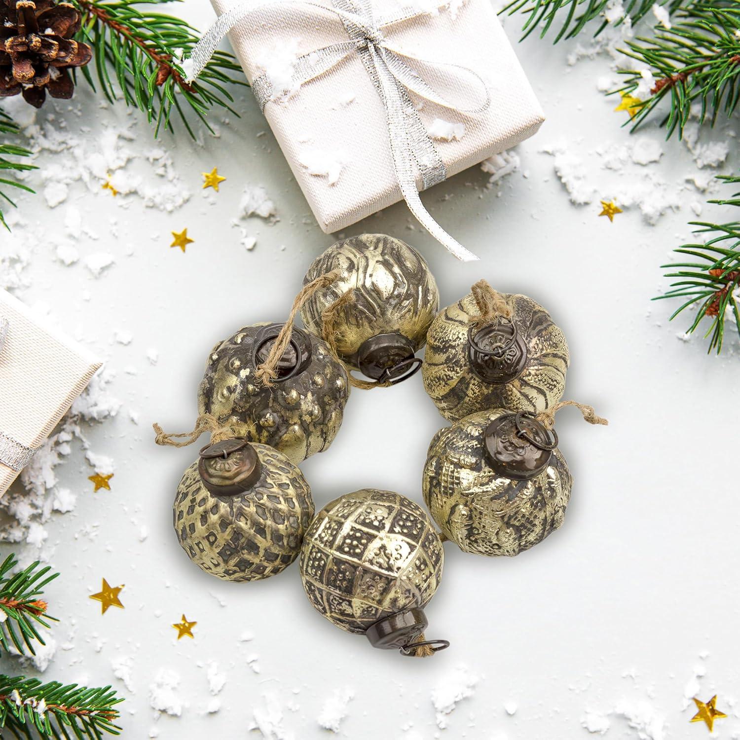 AuldHome 2" Farmhouse Ball Ornaments, Set of 6; Distressed Metal Tin Glass Ball Vintage Style Christmas Decorations