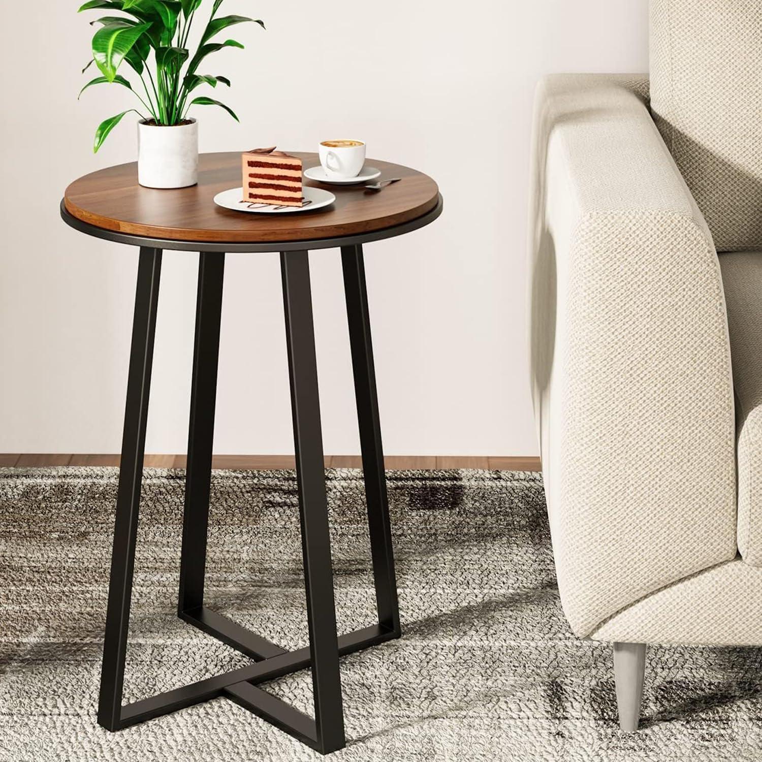 Walnut and Black Round Metal Frame Side Table