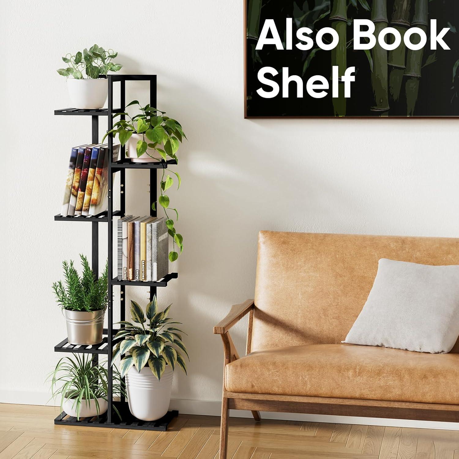 ROSSNY 48 Inch Tall Plant Stand Indoor, 6 Tier 7 Potted Bamboo Plant Stands for Indoor Plants, Corner Plant Stand, Tiered Plant Stands, Plant Shelf For Indoor, Planter Holder for Multiple Plants Indoor, Black