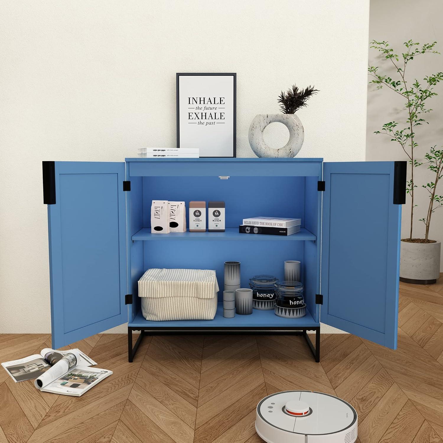 Antique Blue Wood Grain Cabinet with Black Metal Legs