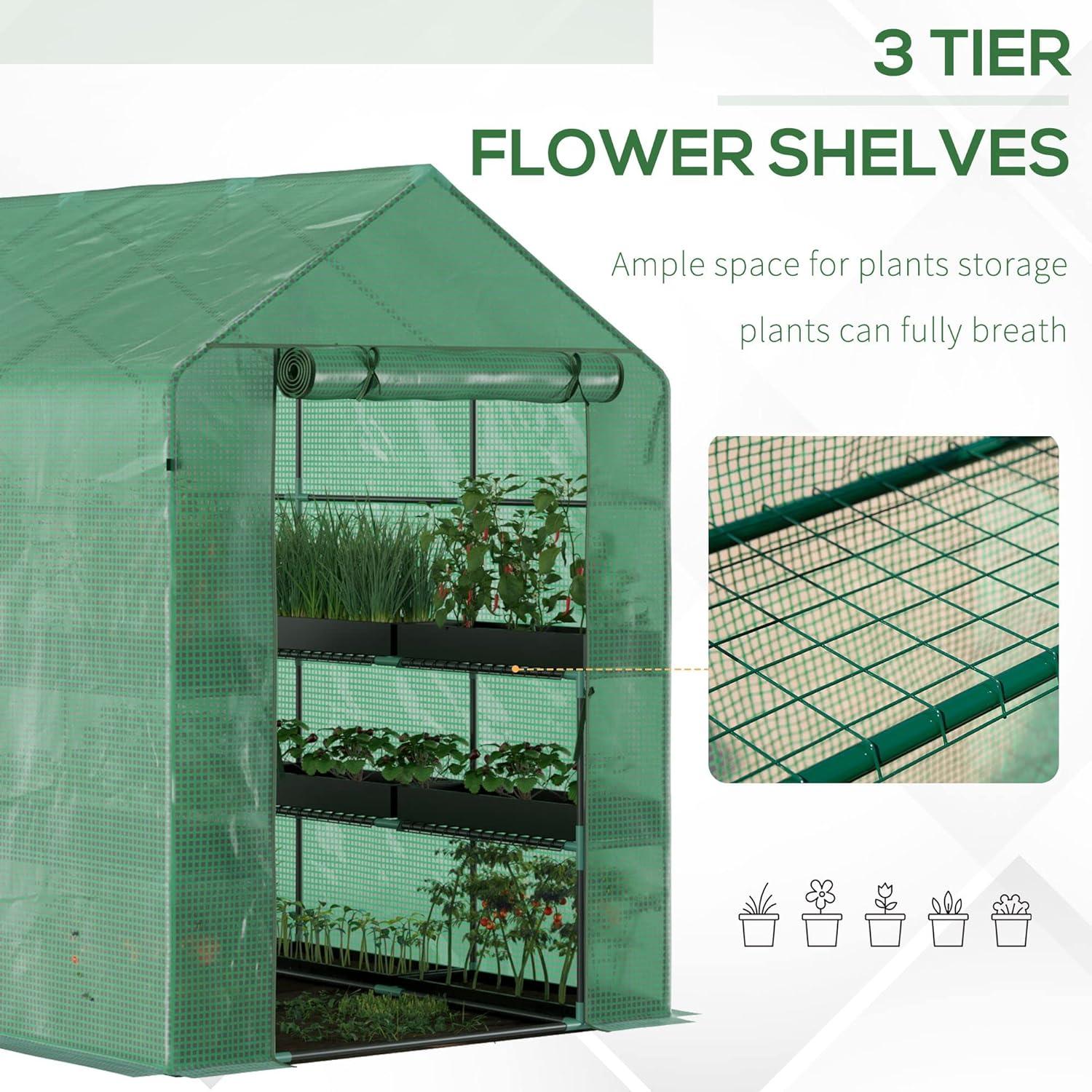 Outsunny 84.25" x 56.25" x 76.75" Walk-in Greenhouse, 2-Tier Shelves, Steel Frame Hot house, Roll-Up Zipper Door for Flowers, Vegetables, Green