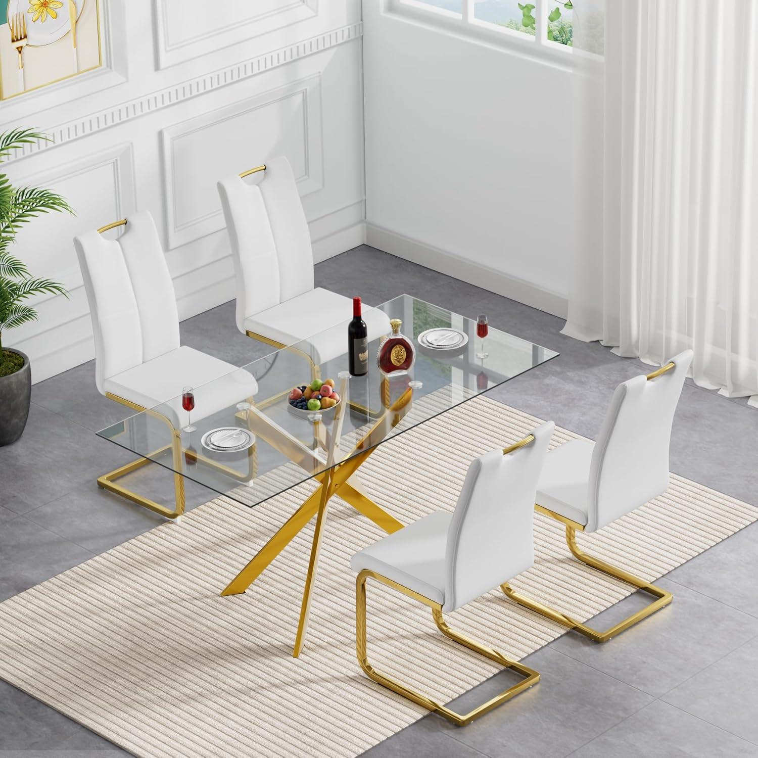 Henf 5 Piece Gold Dining Table Set for 4, Modern Glass Kitchen Table and Chairs for 4, Dining Room Table Set with 51" Glass Dinner Table & 4 White Faux Leather Chairs for Small Space,Home, Apartment