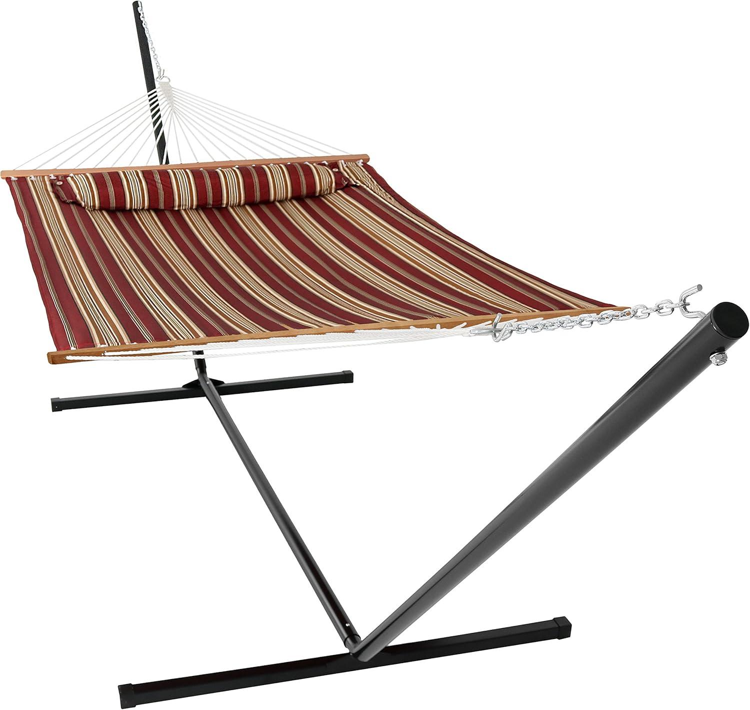 Sunnydaze 2-Person Freestanding Quilted Fabric Spreader Bar Hammock with Detachable Pillow and Stand - 400 lb Weight Capacity/15' Stand - Red Stripe