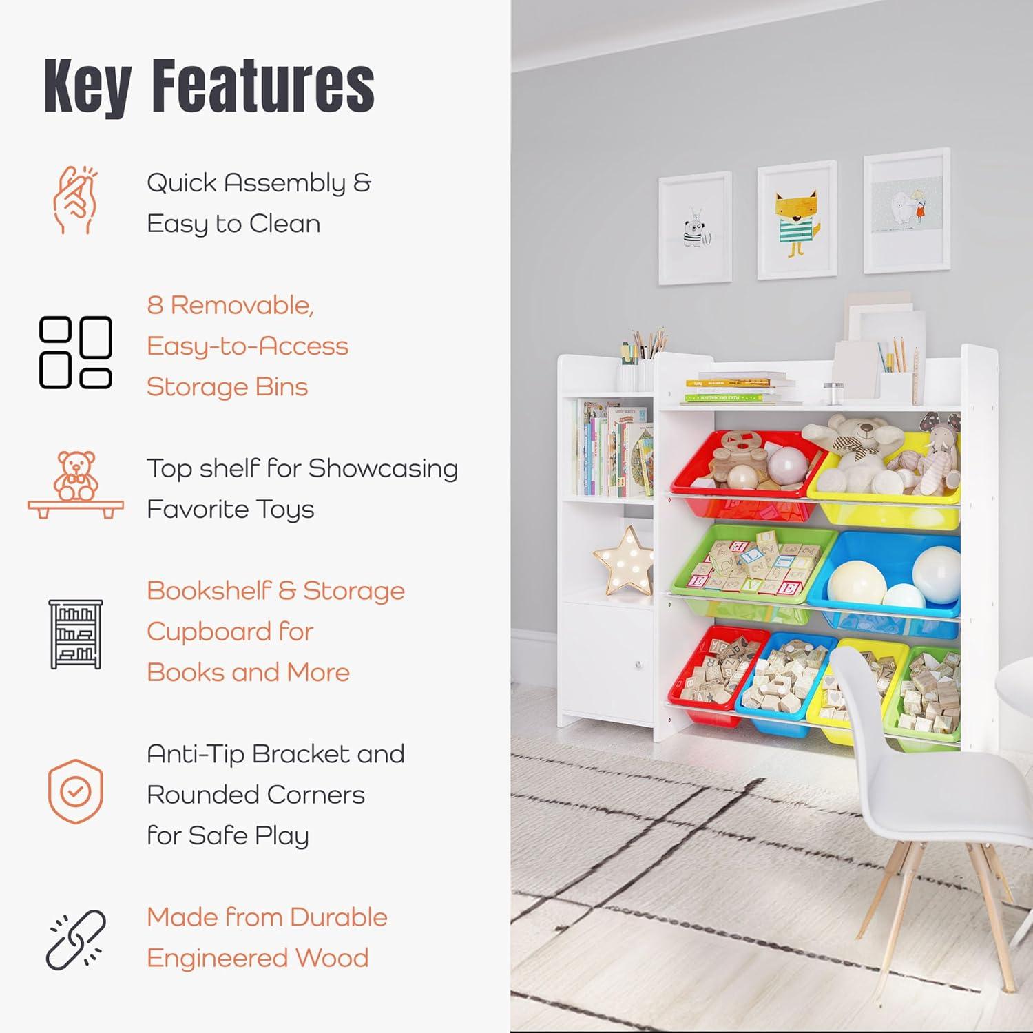 Sturdis Toy Storage Organizer with Bookshelf, Kids Playroom Organization Shelving Unit with Removable Colorful Storage Bins & Anti-Tip Bracket, White