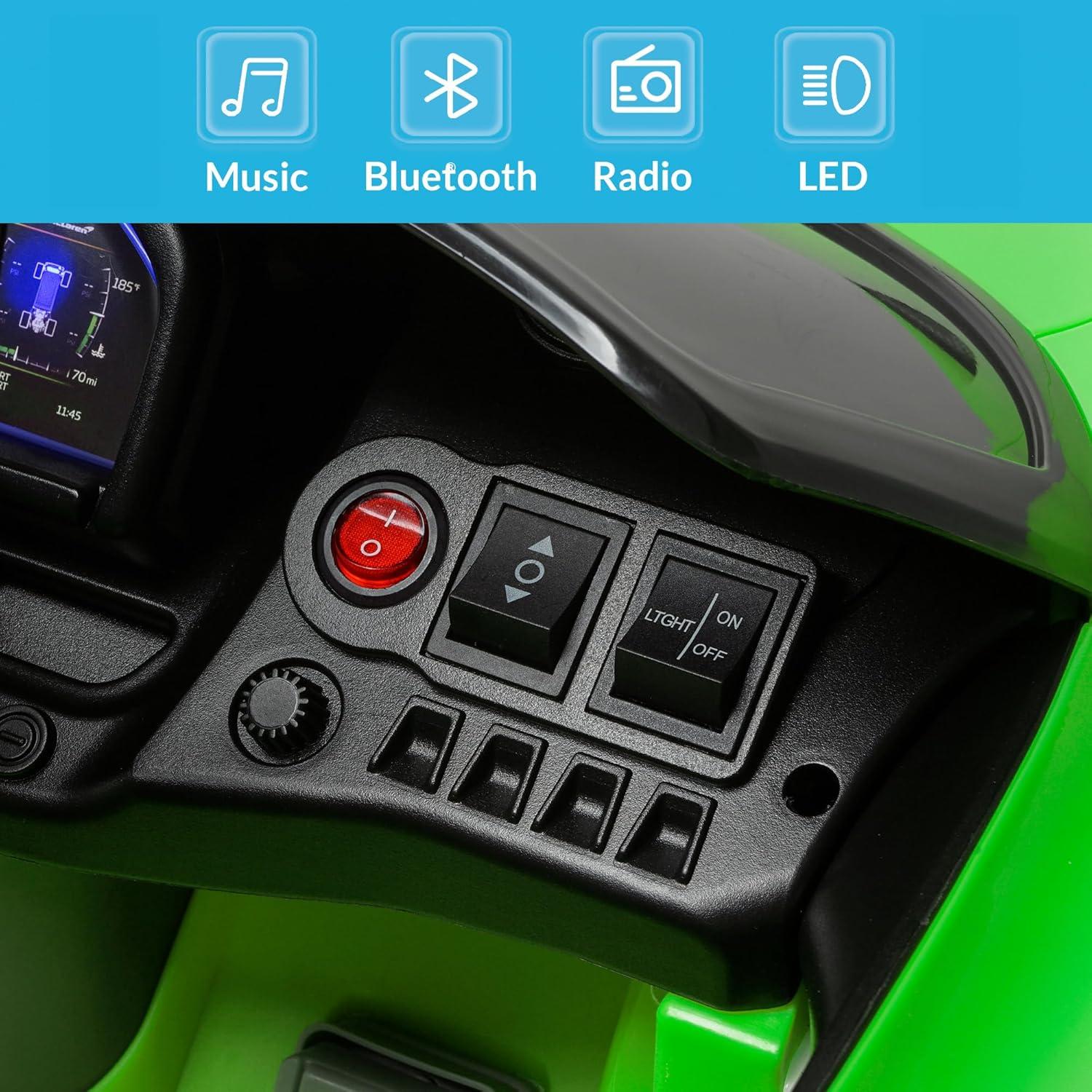 Kidzone 12V Licensed McLaren 765LT Kids Ride On Sports Car Electric Vehicle Vehicles with 2 Speeds, Parent Control, Smooth Start, Suspension, Hydraulic Doors & Hidden Training Wheels - Green