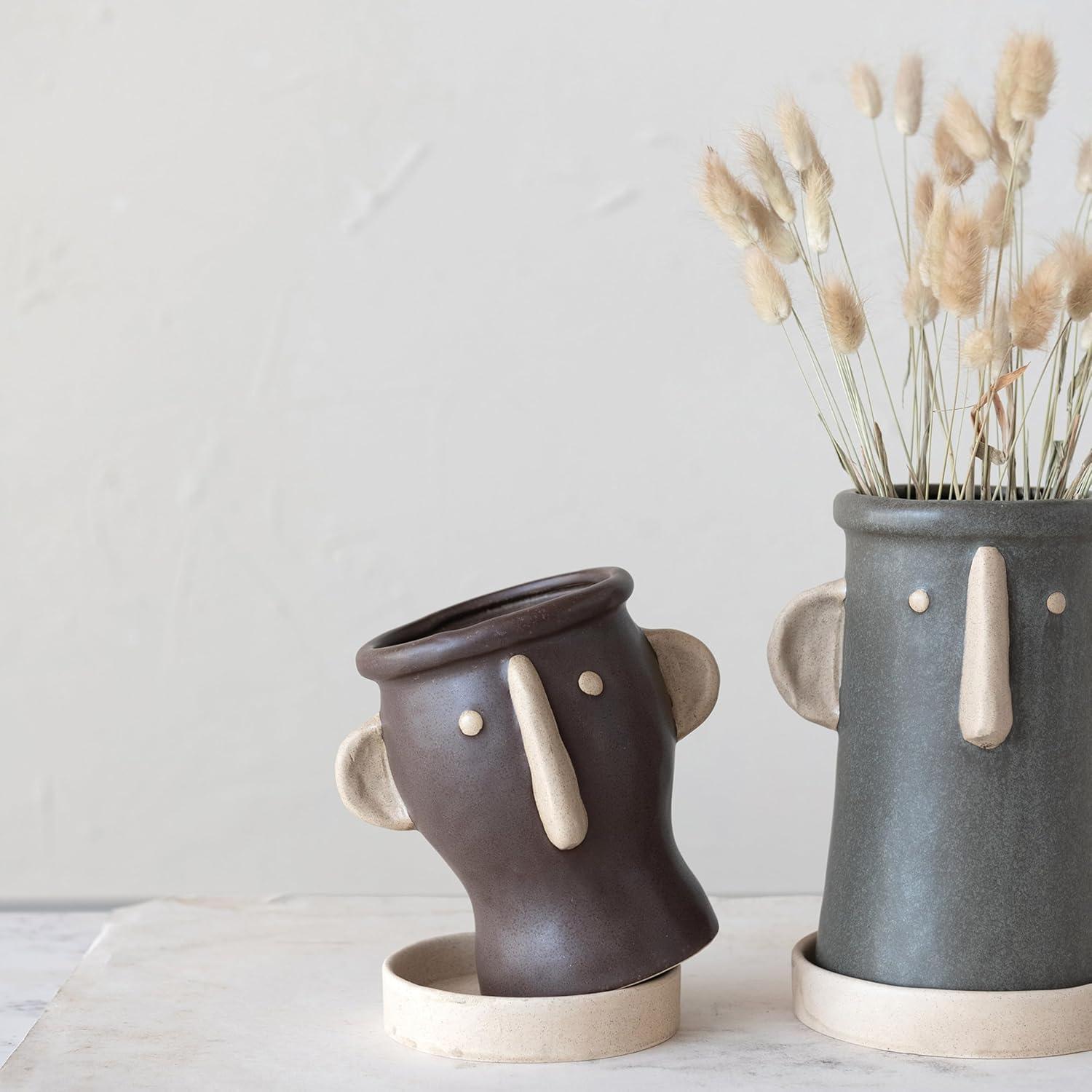 Creative Co-Op Creative Co-Op Stoneware Face Planter with Saucer, Matte Black and Cream