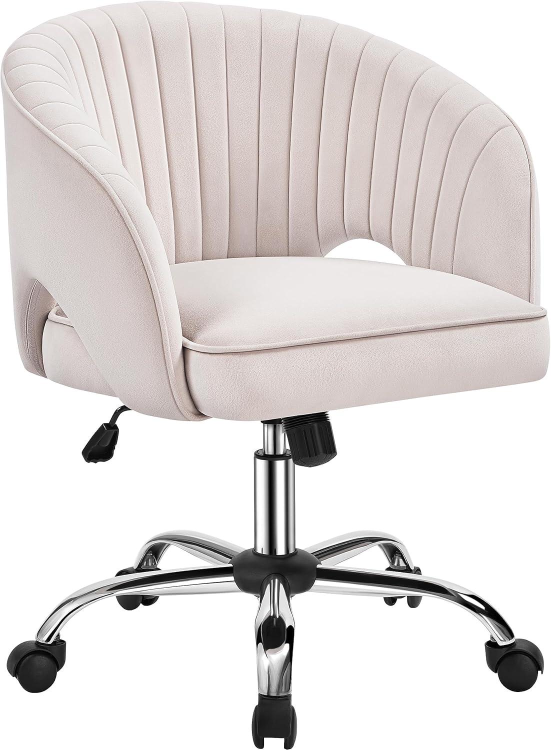 Velvet Home Office Chair with Tufted Barrel Back, Modern Swivel Desk Chair with Rolling Wheels, Cream