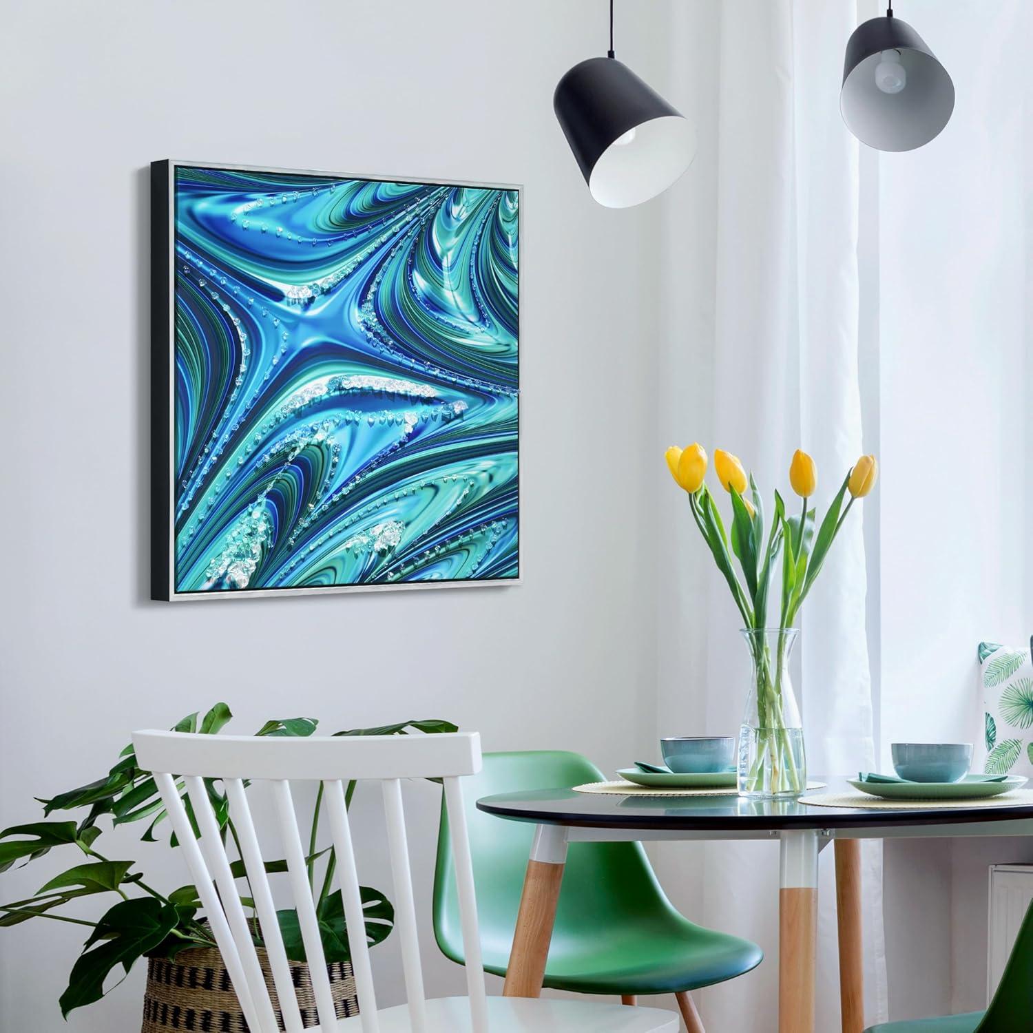 "Ocean Waves II" Crystallus Epoxy Coated Wrapped Framed Glossy Blue Canvas Wall Art with Heavy Acrylic Crystal Shards Embellishments