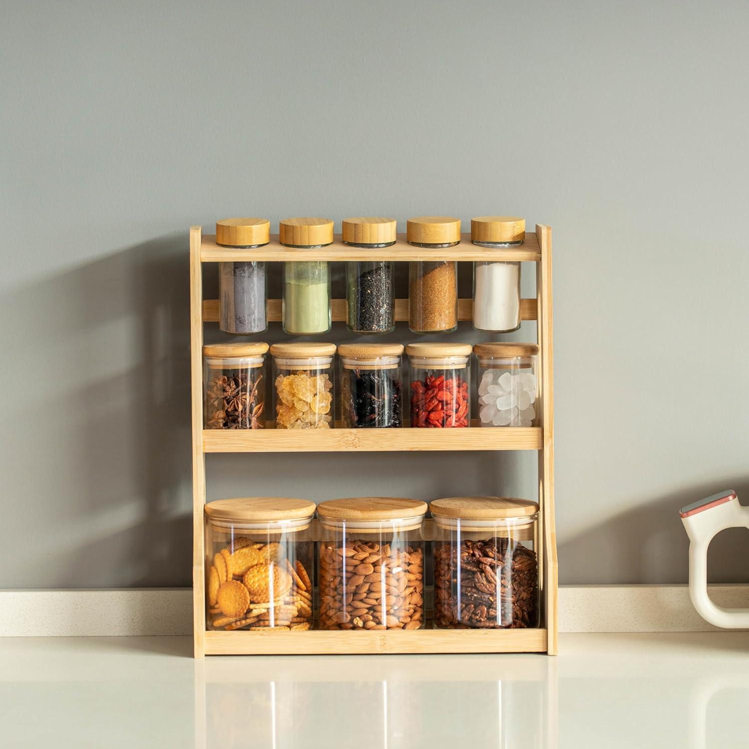 Basicwise Basicwise Versatile 3-tier Bamboo Spice Rack And Pantry Organizer With 13 Glass Jars – Perfect For Countertop Storage In Kitchens To Keep  Seasoning Containers Neatly Displayed And Easily Accessible