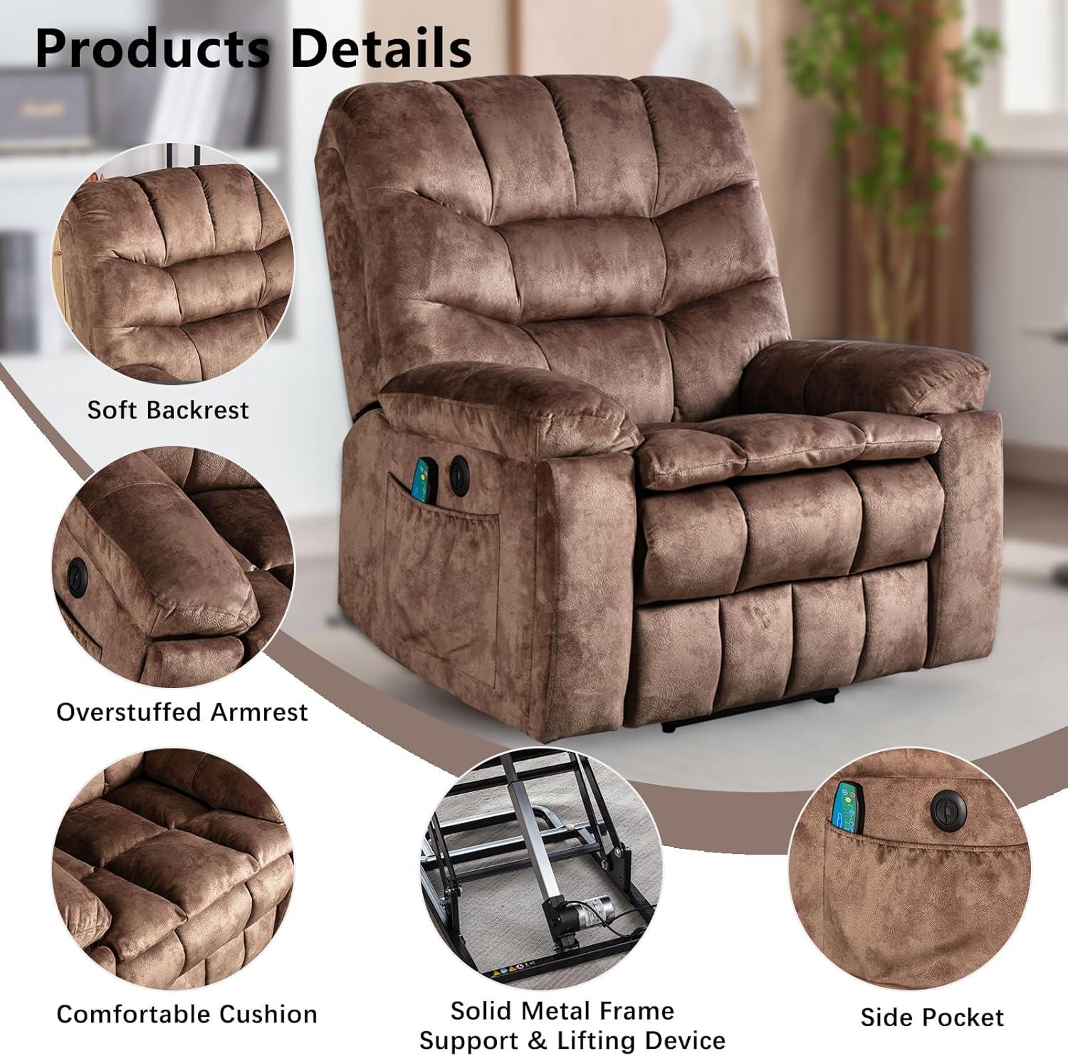 Phoenix Home Large Power Lift Recliner with Massage and Heat for Elderly, Heavy Duty & Safety Motion Reclining Mechanism, Ergonomic Electric Wider Chair with USB Port, 2 Hidden Cup Holders, Brown2