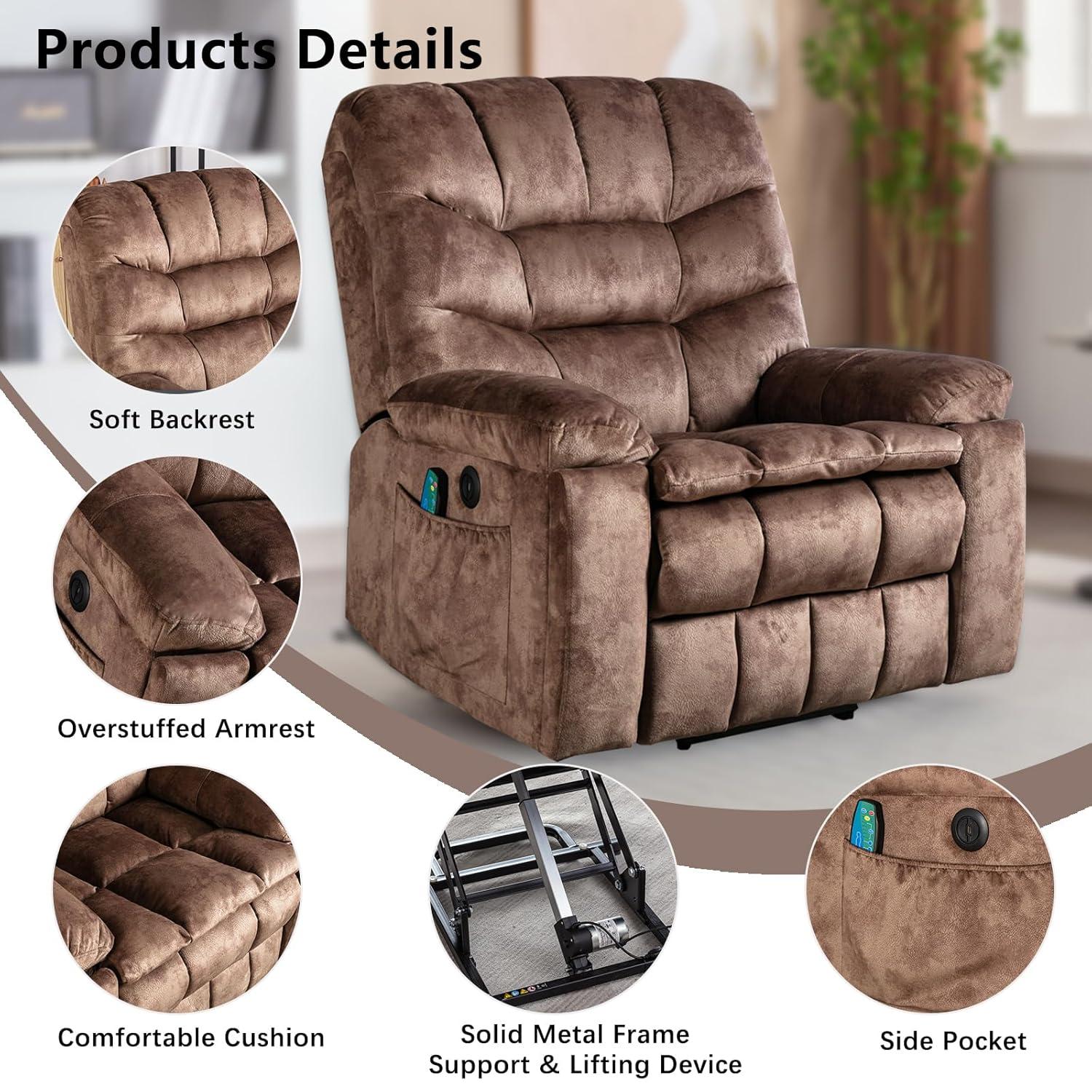 Phoenix Home Large Power Lift Recliner with Massage and Heat for Elderly, Heavy Duty & Safety Motion Reclining Mechanism, Ergonomic Electric Wider Chair with USB Port, 2 Hidden Cup Holders, Brown2
