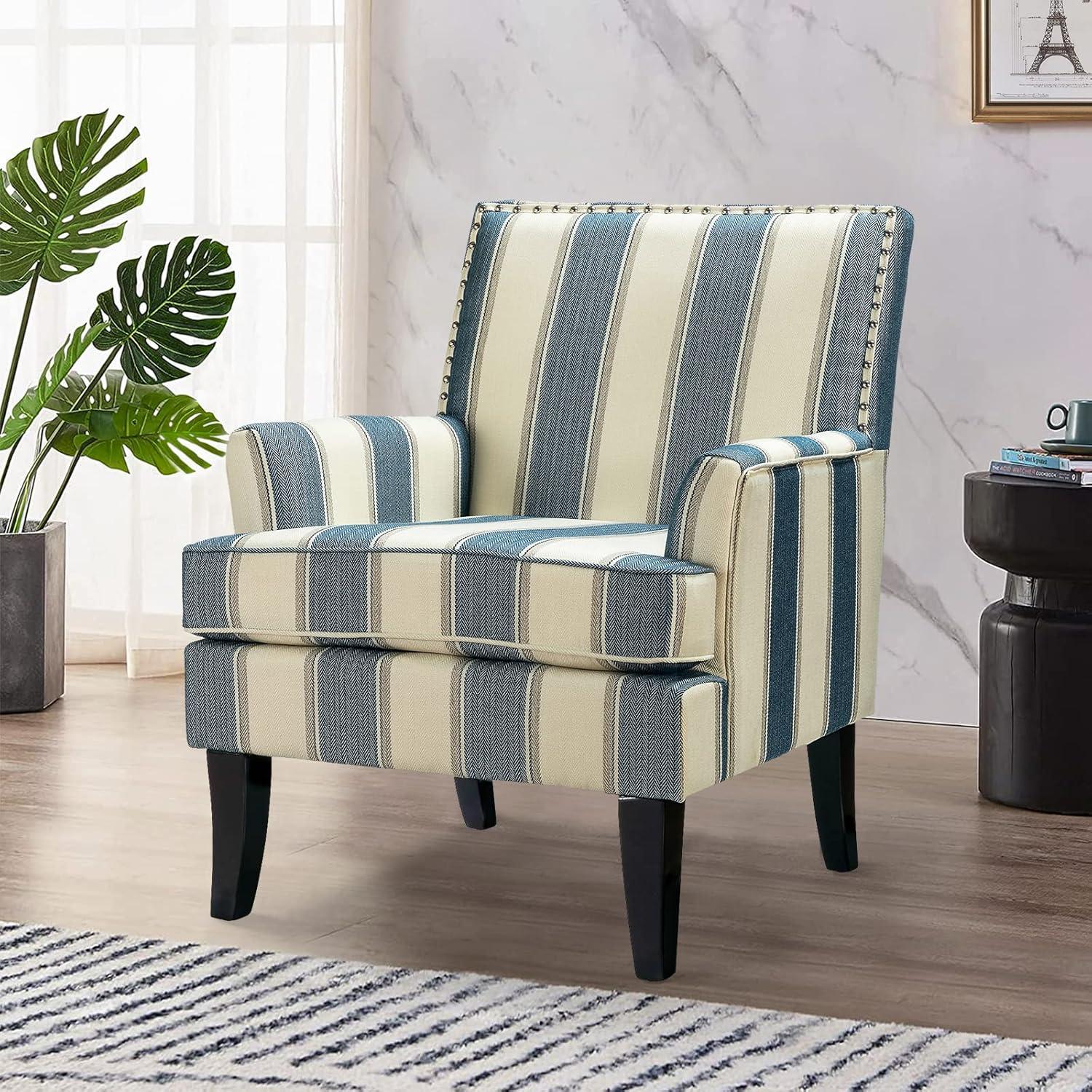 Upholstery Accent Chair Armchair Sofa Couch Lounge Seat Wood Black Legs Nailhead Trim Home Living Room Bedroom Stripe Blue