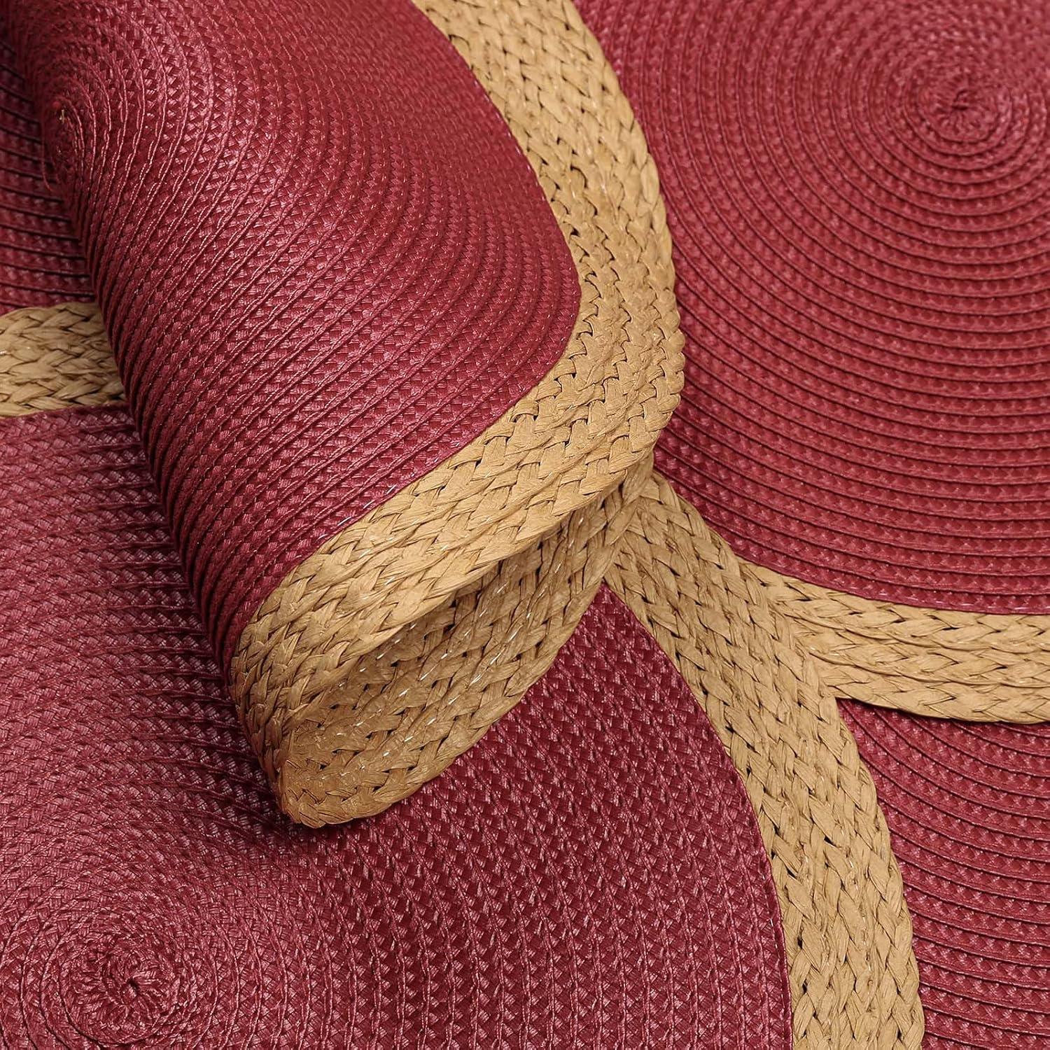 Noctiflorous 15 Inch Round Braided Placemats Set of 4 Washable Wipeable Easy Clean Heat Resistant Woven Dining Table Mats Decor for Holiday Parties Indoor Outdoor Daily Use(Red Thin Edge, 4)