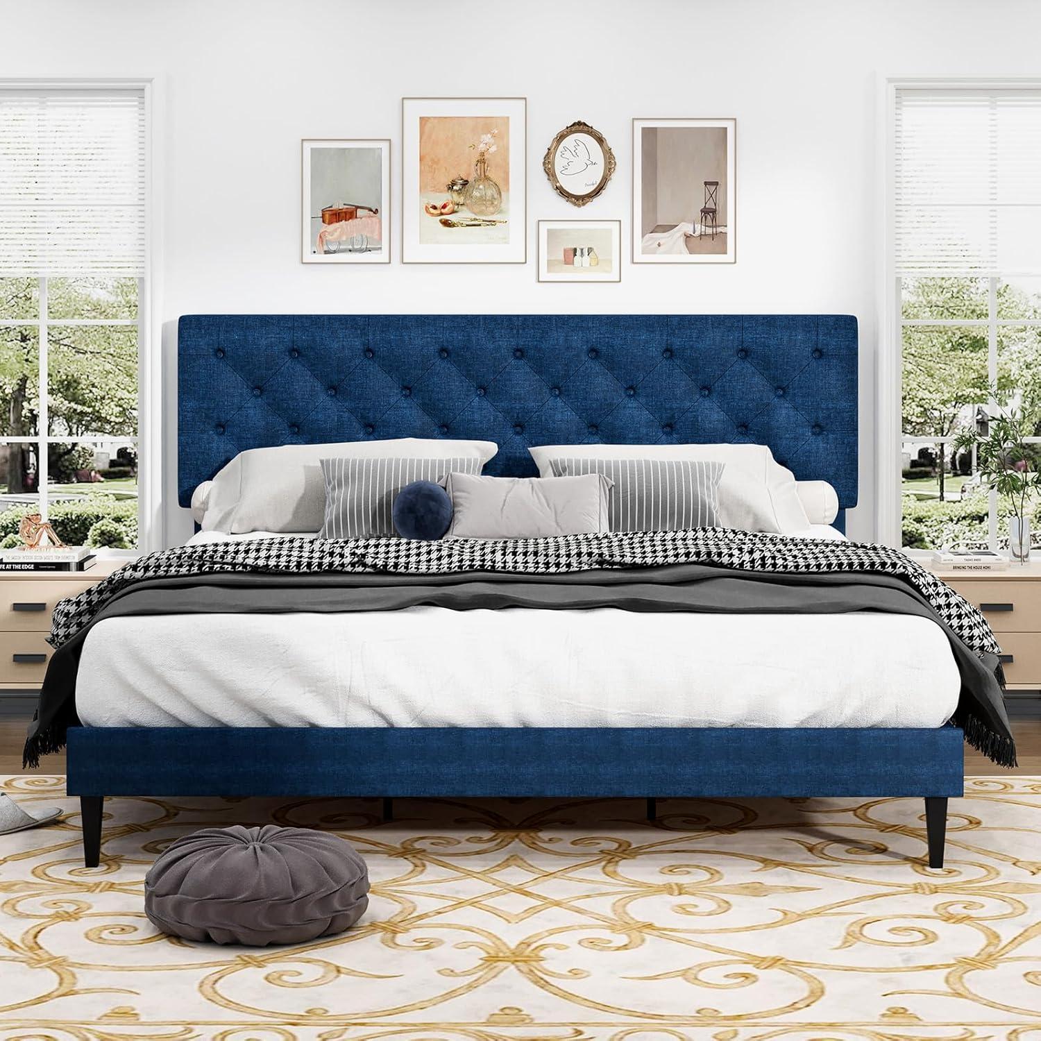 King Size Bed Frame, Upholstered Platform Bed Frame King with Button Tufted Headboard, Wooden Slats Support, No Box Spring Required, Easy Assembly, Navy Blue