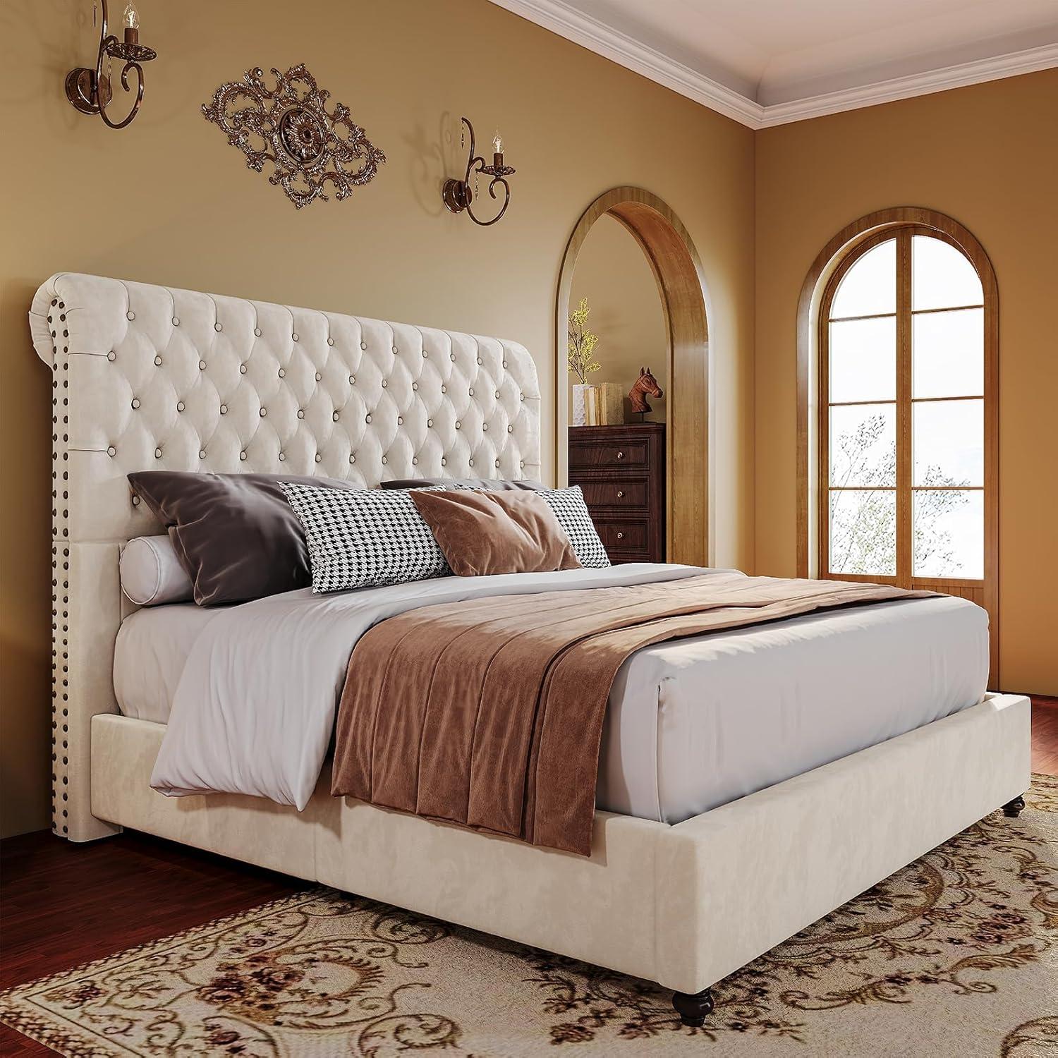 PaPaJet Platform Bed Frame Queen Size Velvet Upholstered Sleigh Bed Deep Button Rolled Edge Tufted Headboard, Wood Slats Support/No Box Spring Needed/Easy Assembly/Black