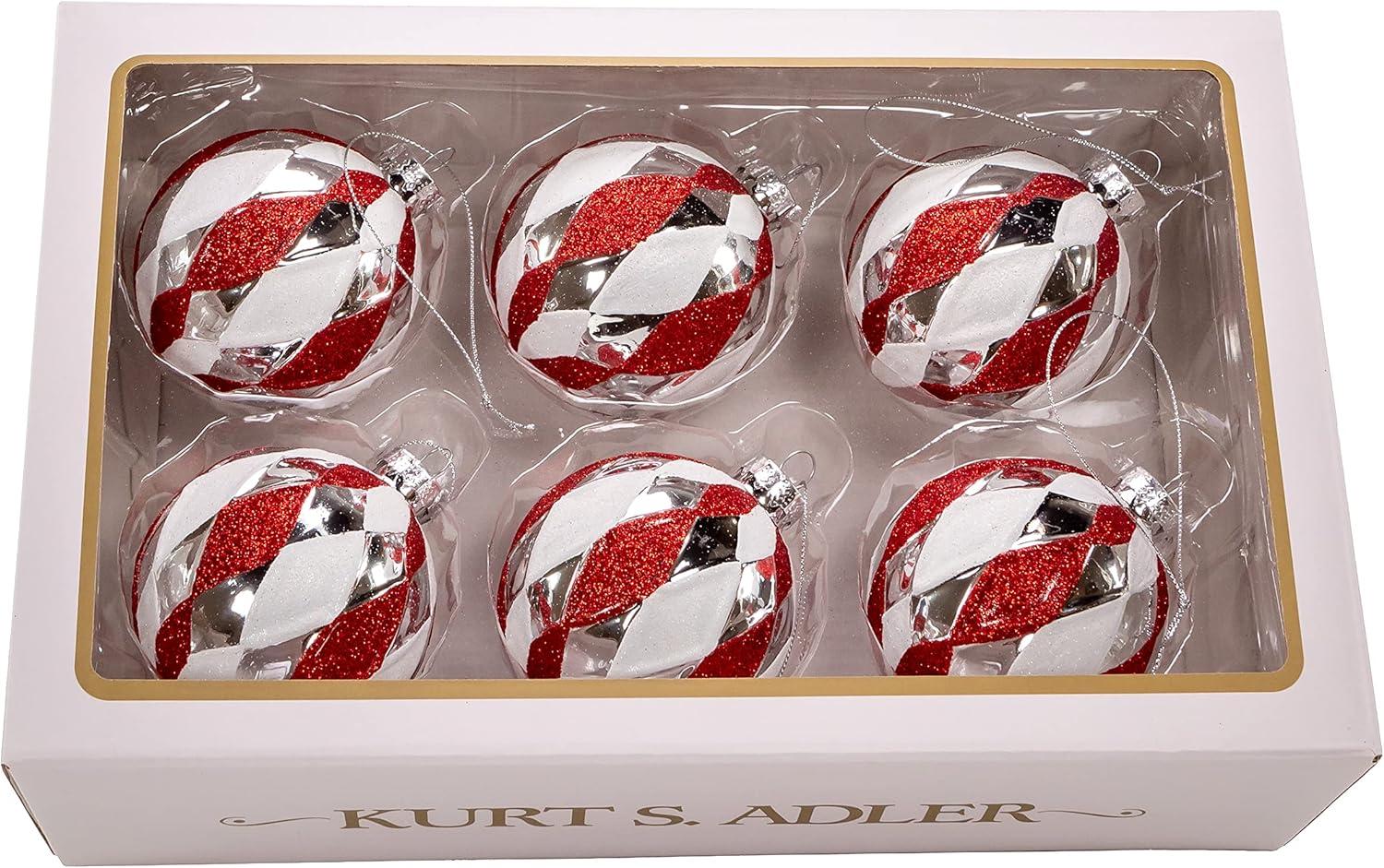 Kurt Adler 80MM Glass Red, White and Silver 6-Piece Ball Ornament Set