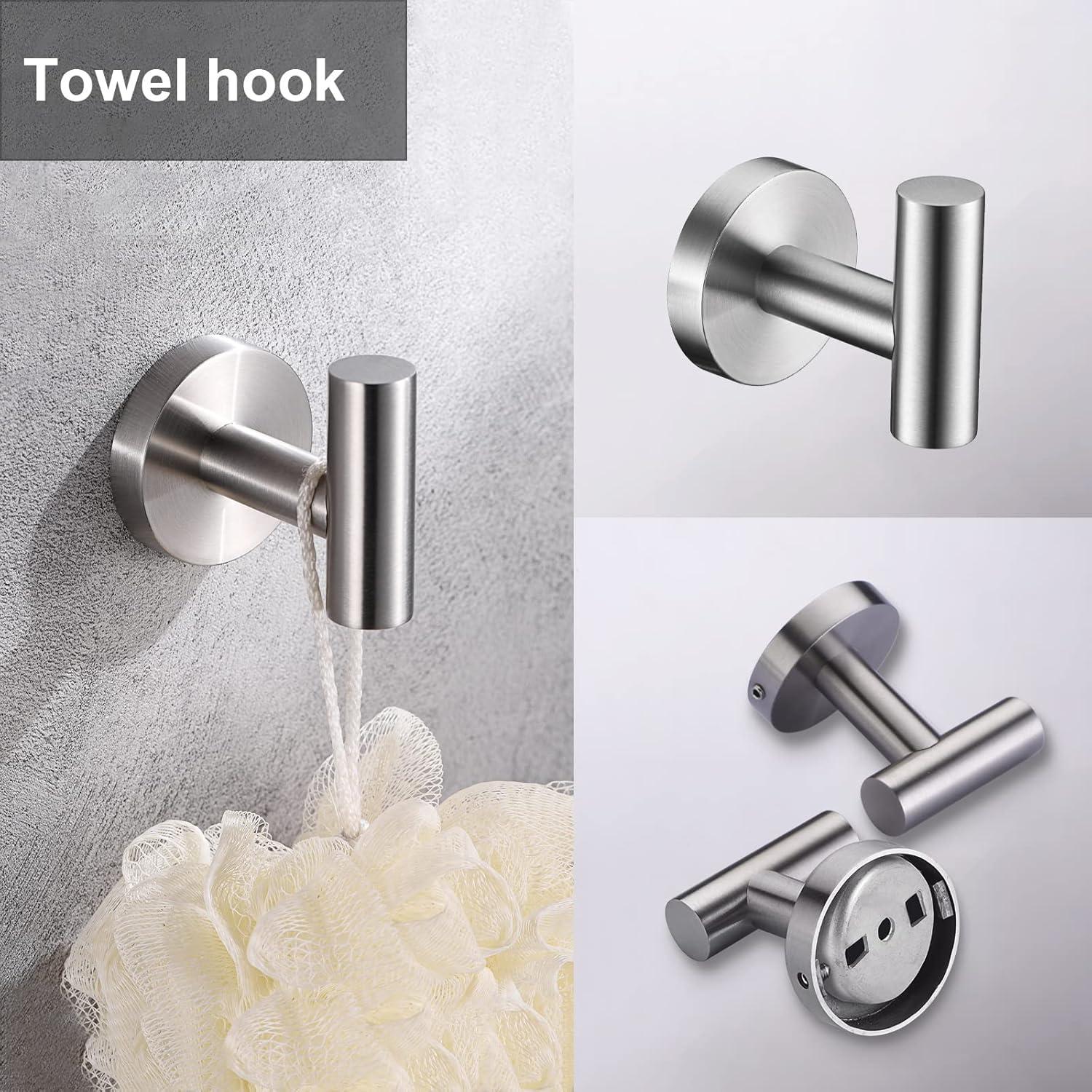 10 Pieces Brushed Nickel Bathroom Hardware Set Include 16inch Towel Bar,4pcsTowel Hooks,Toilet Paper Holder,Hand Towel Ring Round SUS304 Stainless Steel Bathroom Accessories Set