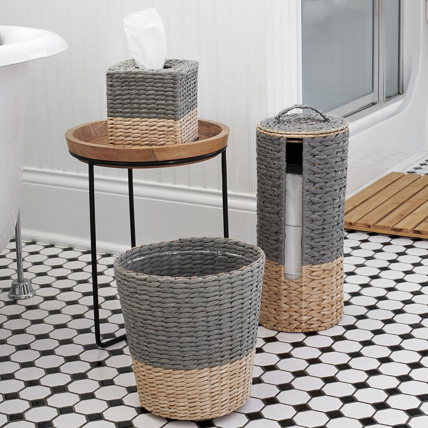 3-Piece Set Wicker Bathroom Accessories, Features Toilet Tissue Stand, Wastebasket and Tissue Box Cover, Wicker Material, Natural and Gray