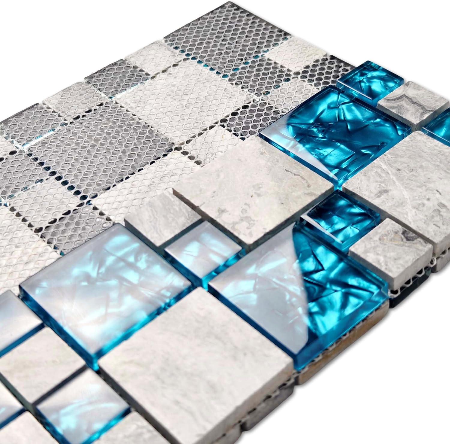 Premium Teal Blue Crystal Glass & Grey Stone Tile Modern Bathroom Shower Wall Versaille Patterns Mosaic for Kitchen Fireplace Decor (3"x12" Sample)